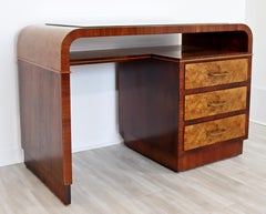 Art Deco Modern Italian Curved Rosewood & Elm Writing Desk Glass Topped, 1930s