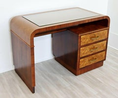 Art Deco Modern Italian Curved Rosewood & Elm Writing Desk Glass Topped, 1930s