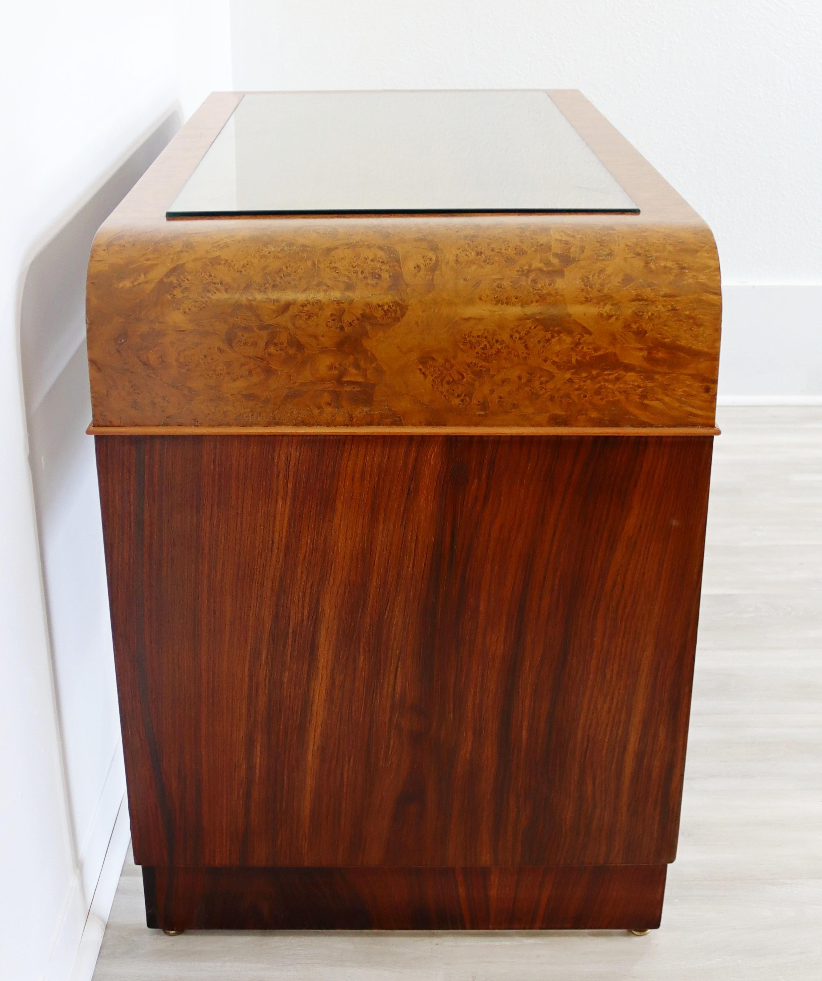 Mid-20th Century Art Deco Modern Italian Curved Rosewood & Elm Writing Desk Glass Topped, 1930s