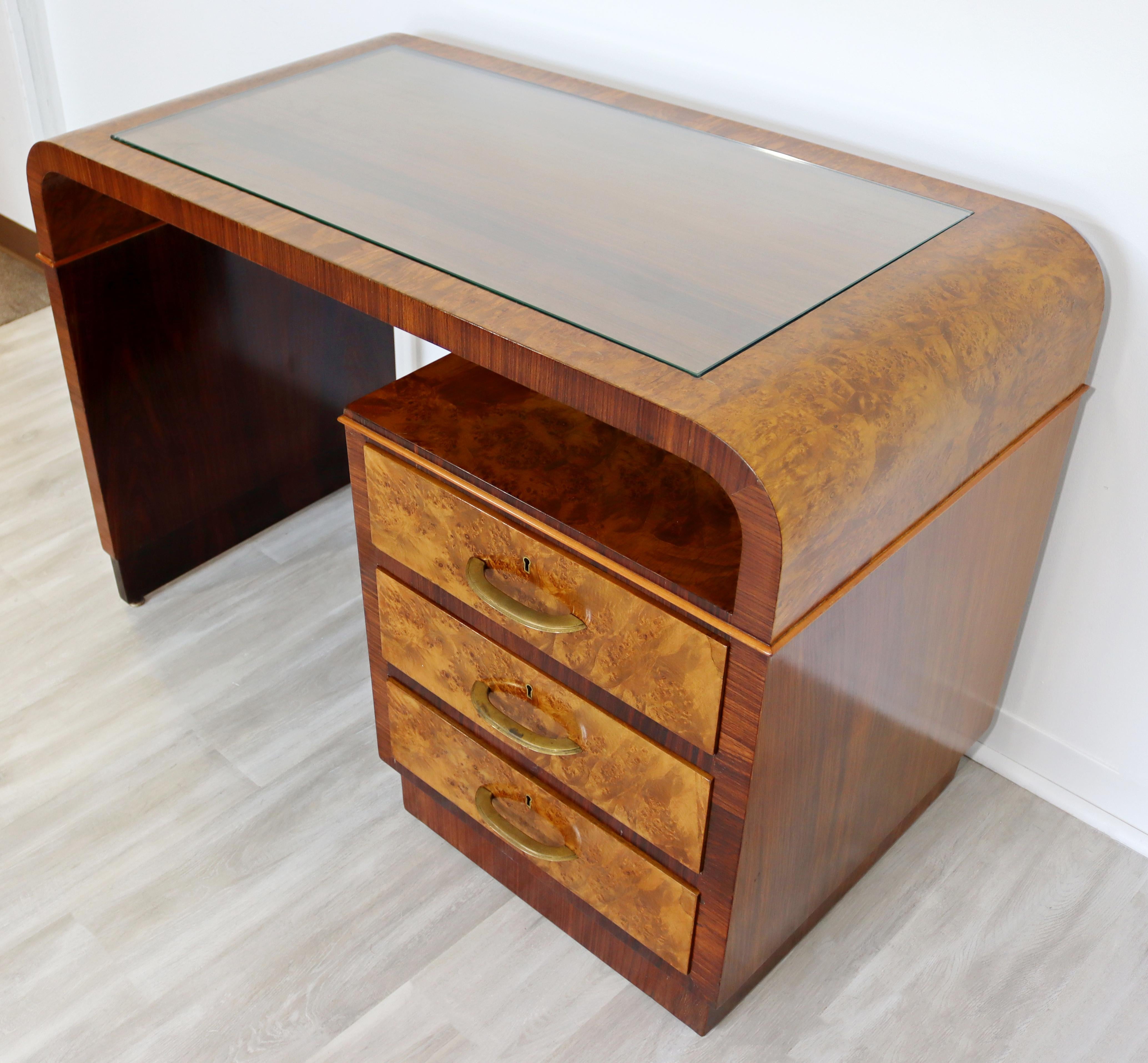 Art Deco Modern Italian Curved Rosewood & Elm Writing Desk Glass Topped, 1930s 1