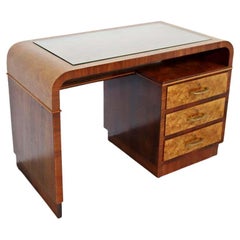 Art Deco Modern Italian Curved Rosewood & Elm Writing Desk Glass Topped, 1930s