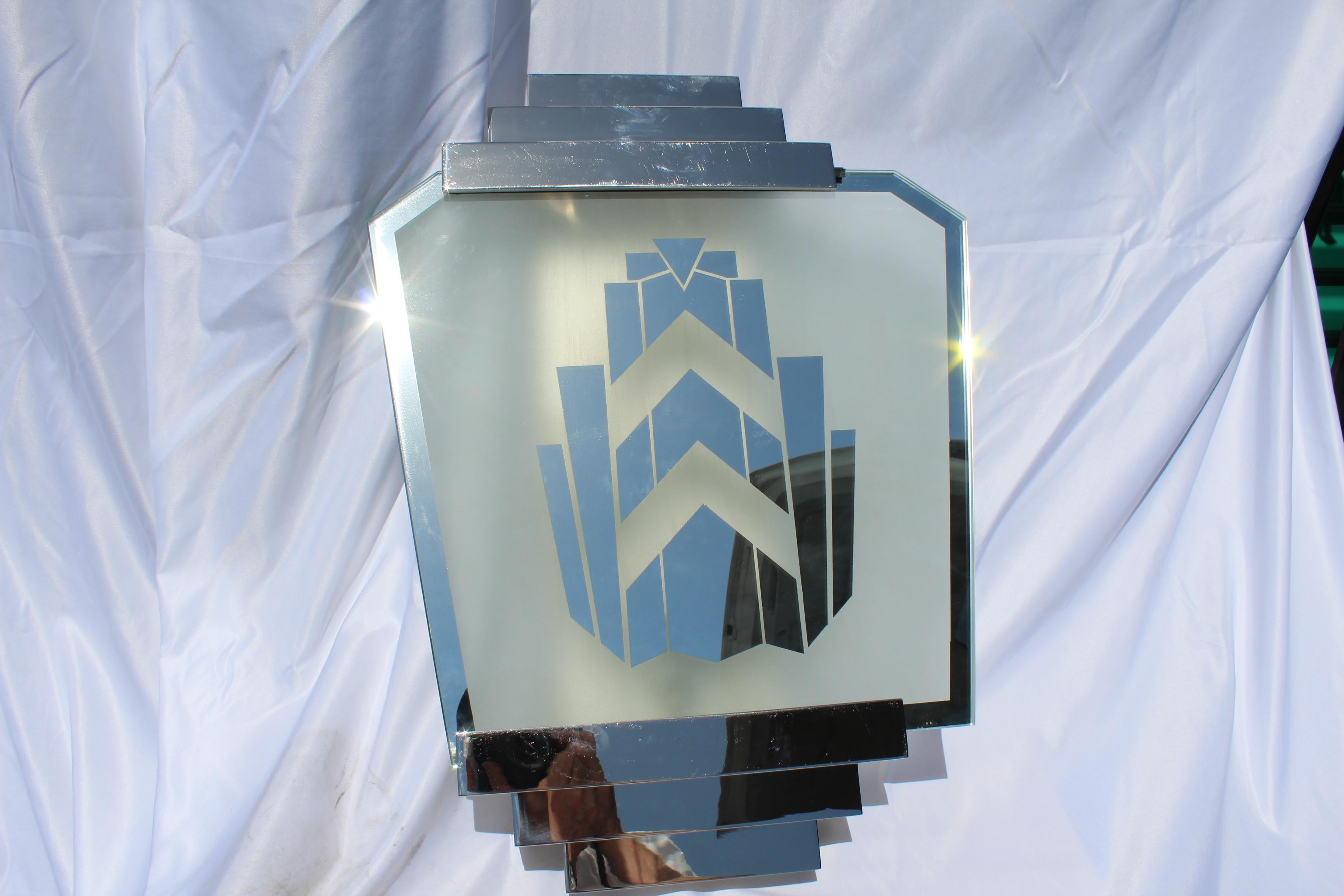 American Art Deco / Modern Sconce, out of the St James Club, Mirrored, Nickel Frame For Sale