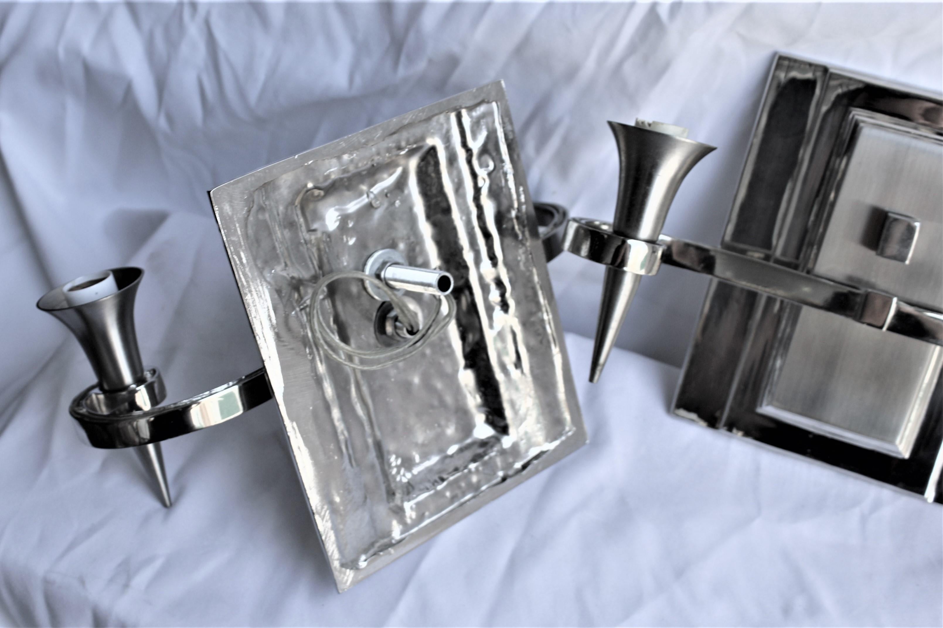 Art Deco/Modern Sconces Hi-Polished Two-Tone Nickel Finish Two Light Cast In Excellent Condition For Sale In Los Angeles, CA