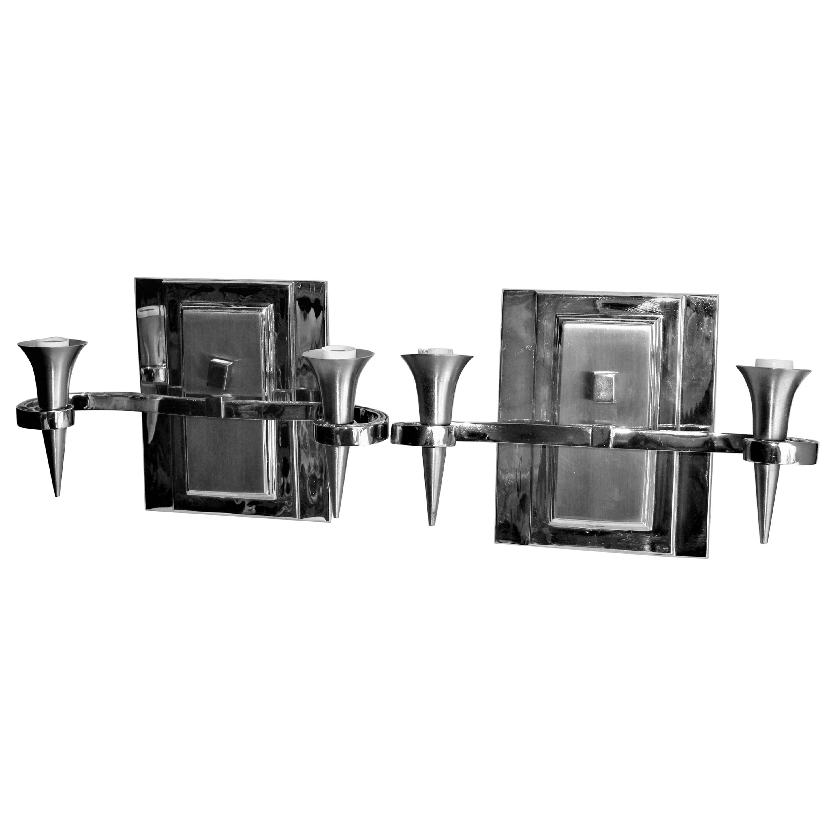 Art Deco/Modern Sconces Hi-Polished Two-Tone Nickel Finish Two Light Cast