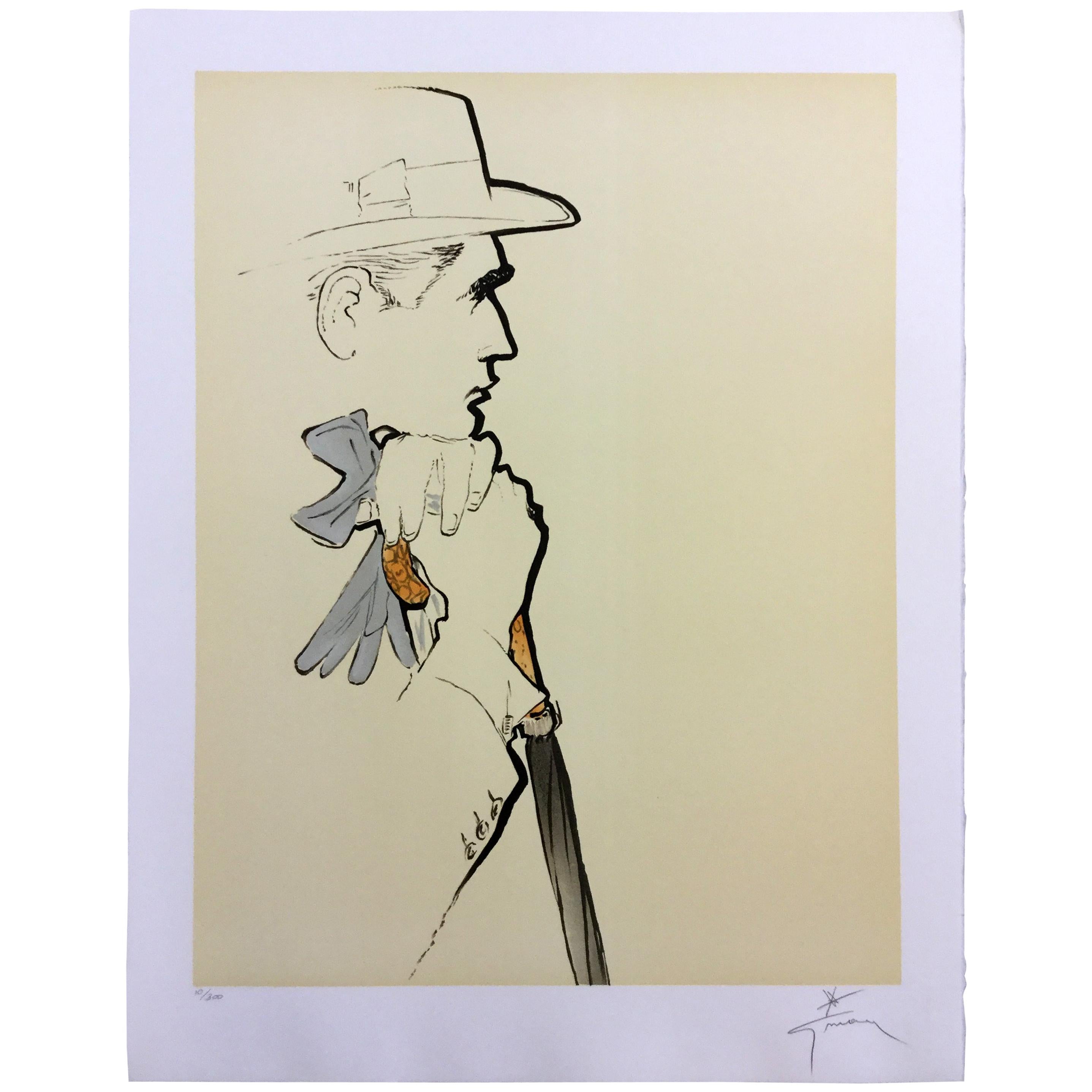 Art Deco Modern Unframed René Gruau Hand Signed Lithograph Pensive Man w/ Gloves