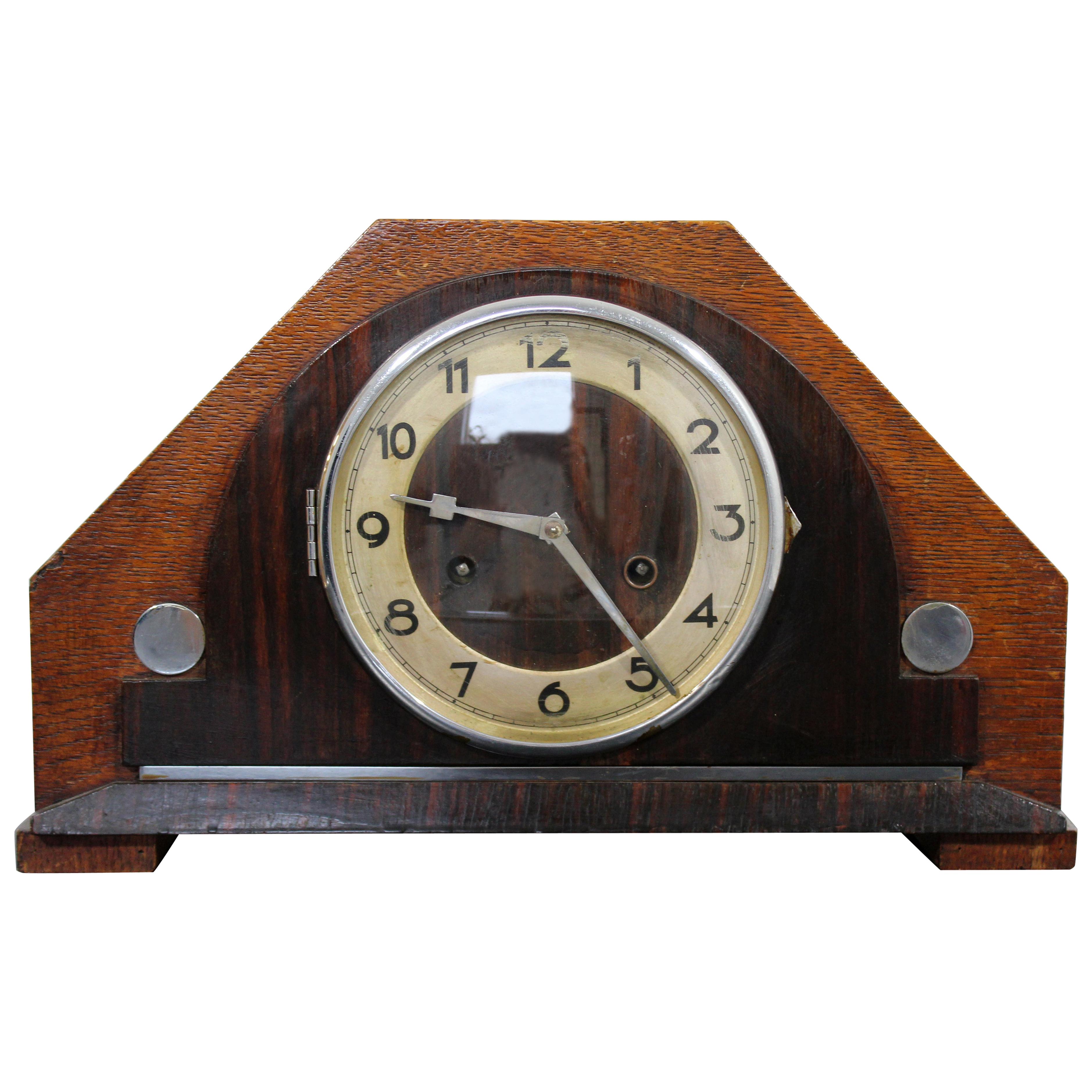 Art Deco Modern Wood Shelf Mantle Chime Clock with Key