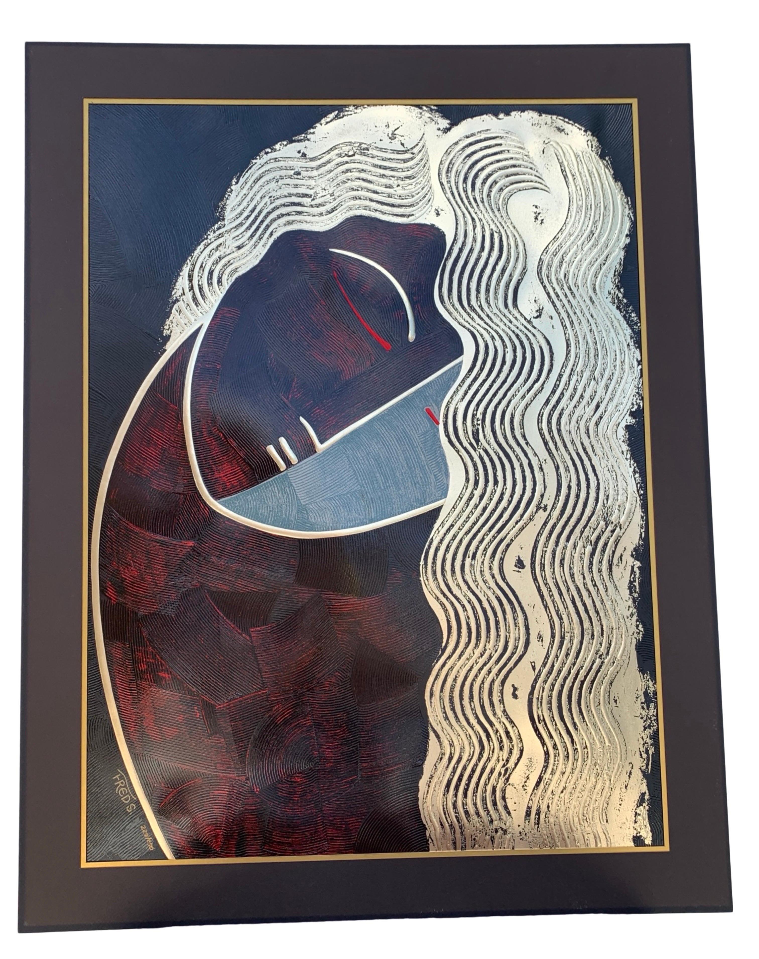 Purchased iat Dyansen Gallery New York City, 1991 (sticker remains on verso)

Late 20th Century Fred Stepanian female “God of Waves” acrylic limited edition serigraph. Composition consists of rich, deeply textured shades of gold metallic and deep