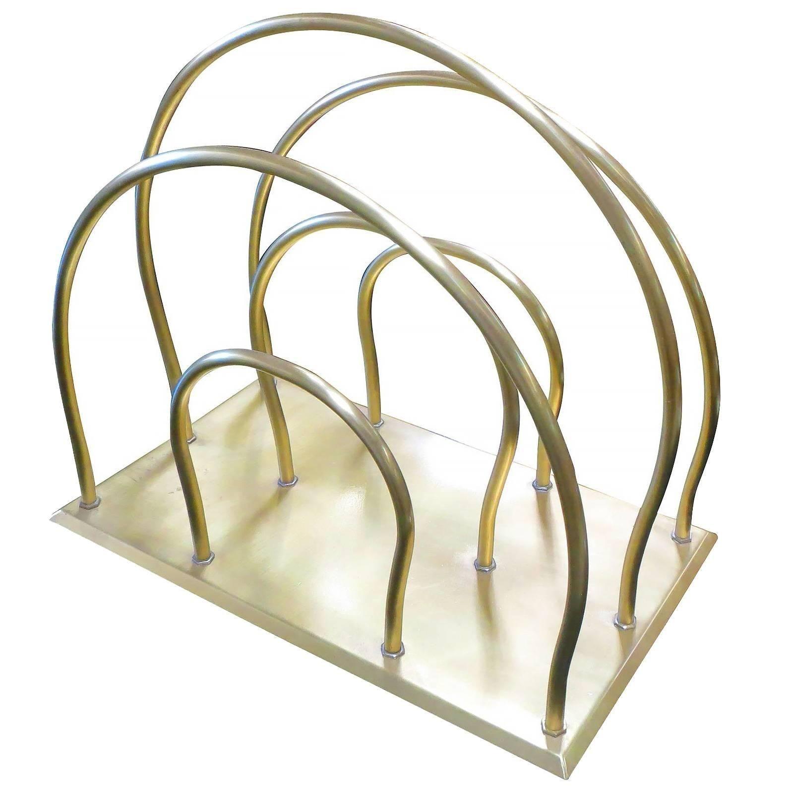 Mid-20th Century Art Deco Moderne Magazine Solid Brass Rack For Sale