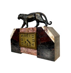 Art Deco Moderne Marble Mantel Clock with Panther, French, circa 1930s