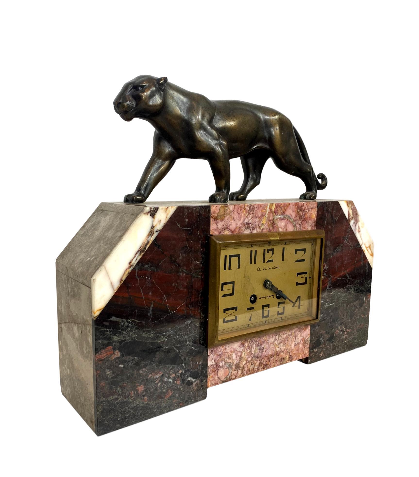 Hand-Crafted Art Deco Moderne Marble Mantel Clock with Panther, French, circa 1930s 