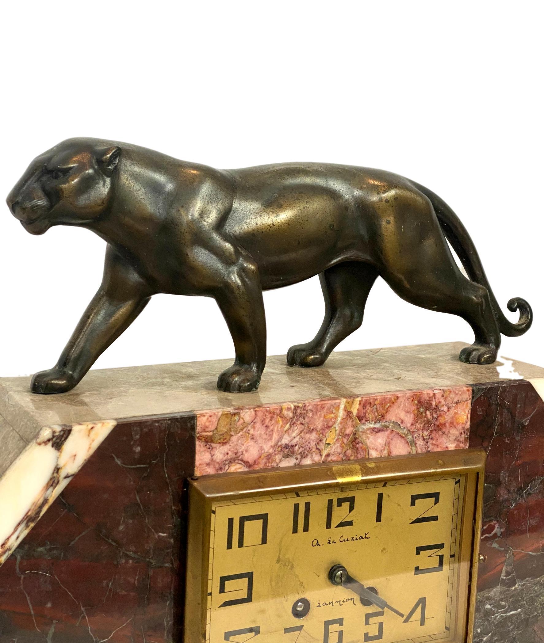Art Deco Moderne Marble Mantel Clock with Panther, French, circa 1930s In Good Condition In Banner Elk, NC