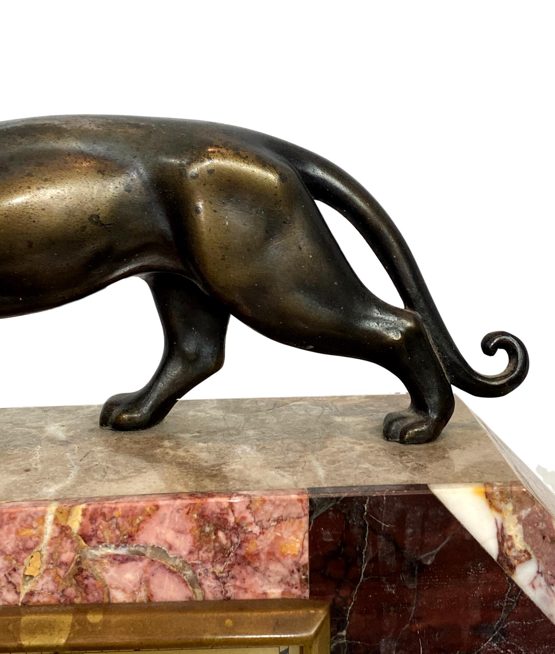Art Deco Moderne Marble Mantel Clock with Panther, French, circa 1930s  1