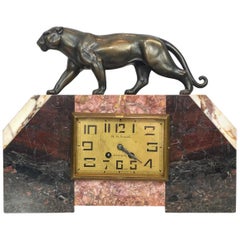 Art Deco Moderne Marble Mantel Clock with Panther, French, circa 1930s 