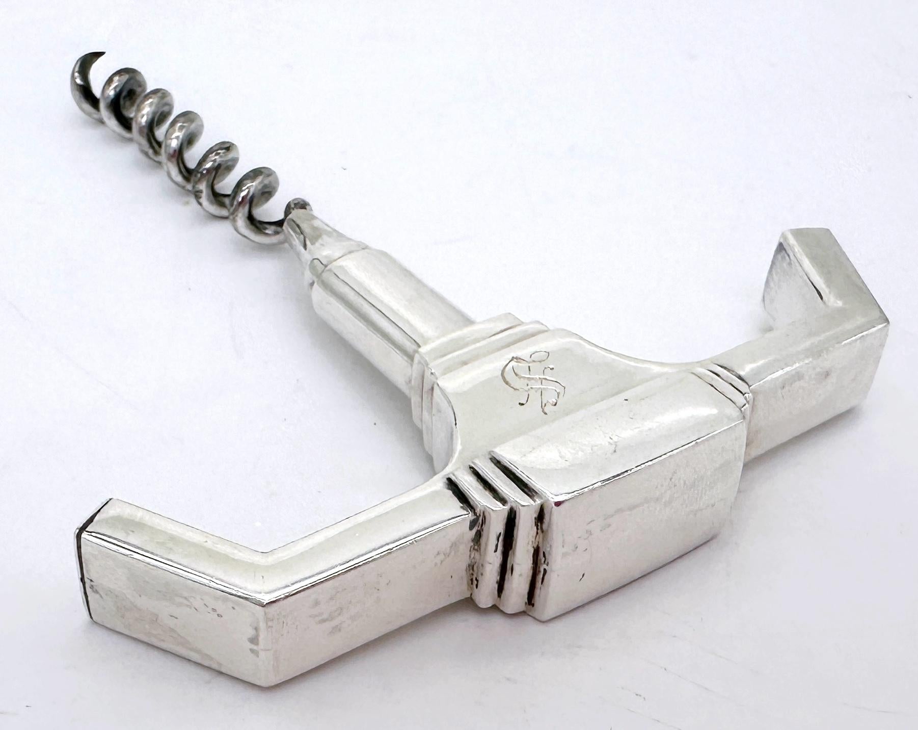 Art Deco /Moderne Sterling (.950)  & Silverplate Corkscrew, Monogram 'S', 1930 In Good Condition For Sale In West Palm Beach, FL