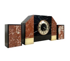 Art Deco Moderne Three-Piece Marble Clock Set, French, circa 1930s
