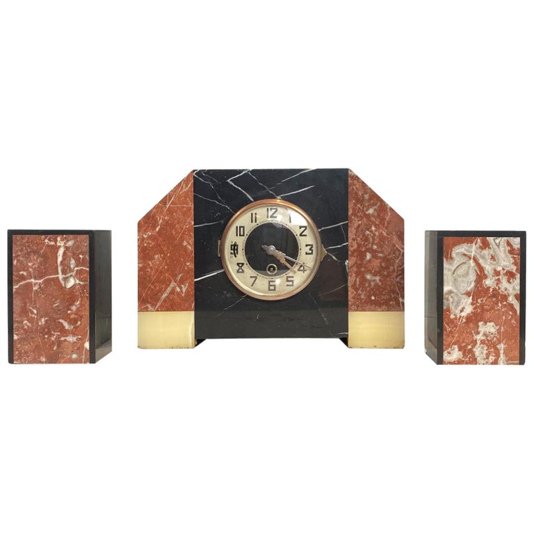 Art Deco Moderne Three-Piece Marble Clock Set, French, circa 1930s