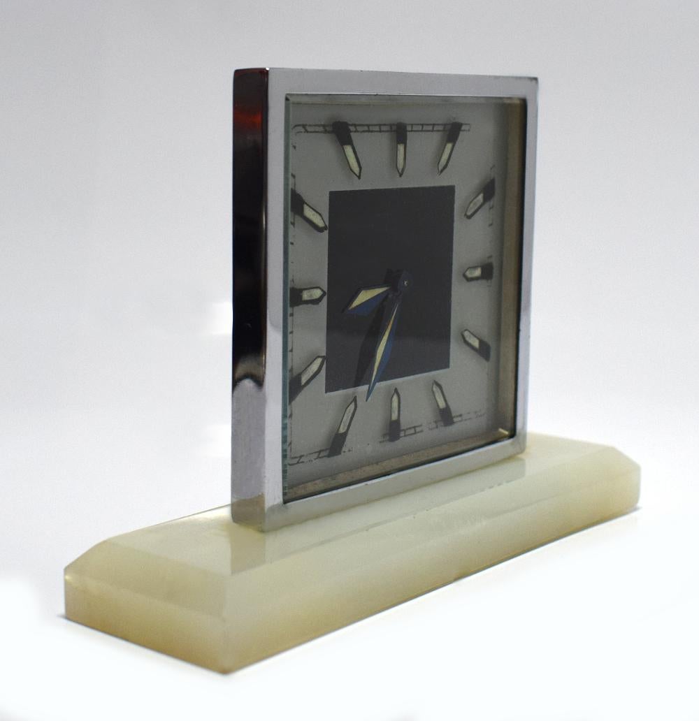 English Art Deco Modernist 1930s Alarm Clock in Chrome and Oynx