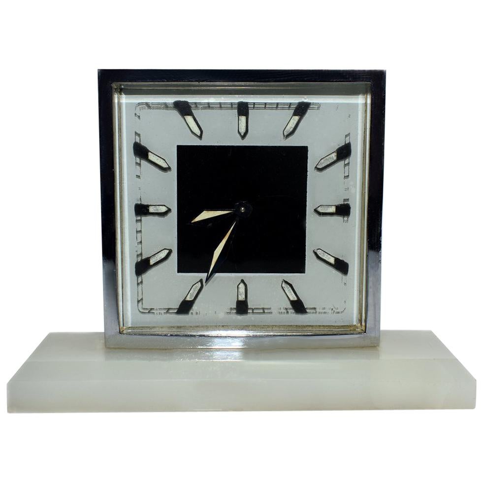Art Deco Modernist 1930s Alarm Clock in Chrome and Oynx