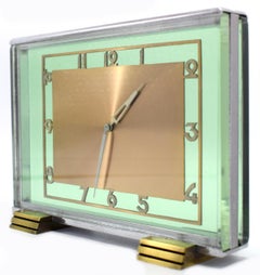 Art Deco Modernist 8 Day Green Glass Clock, circa 1930s