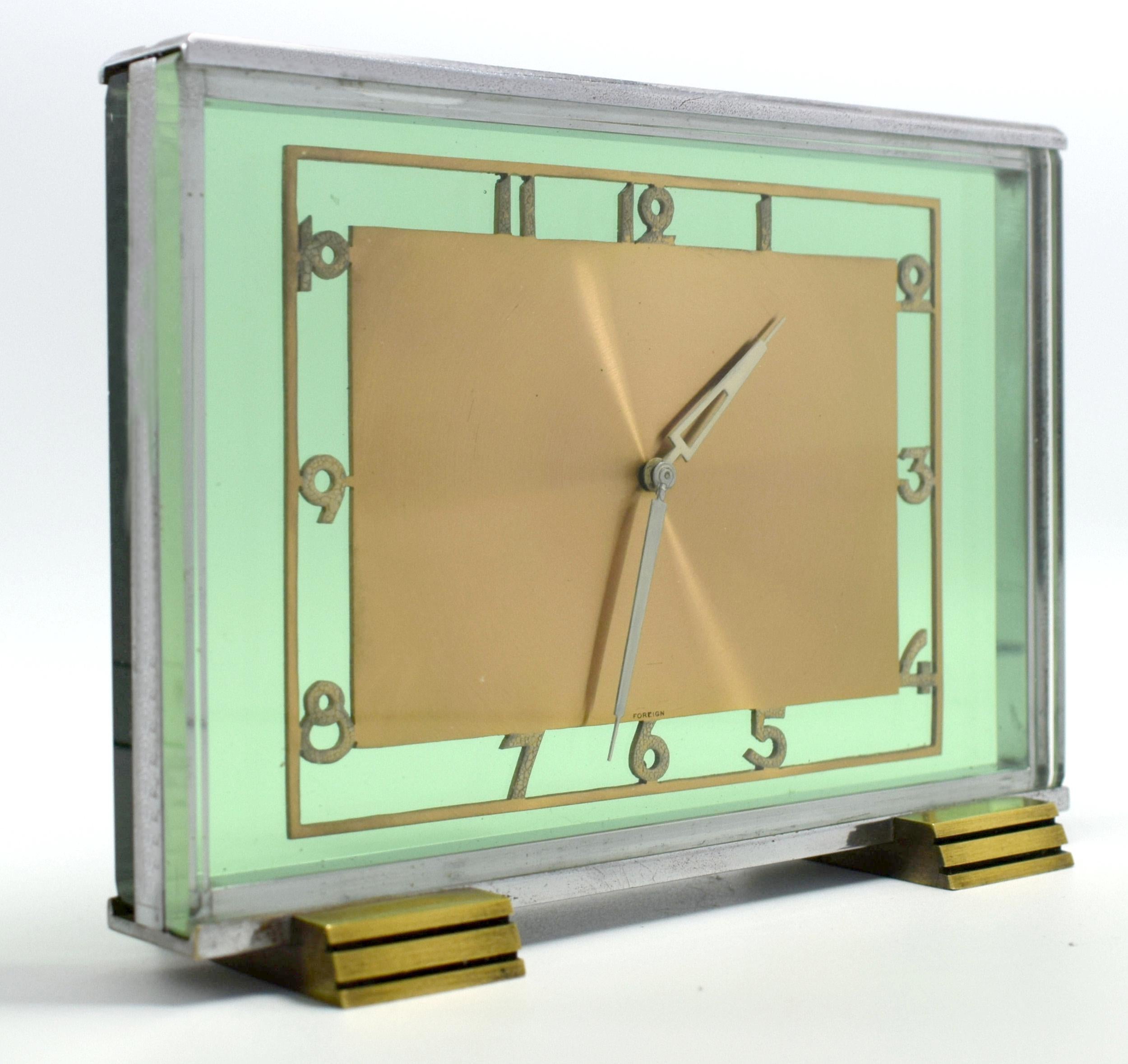 English Art Deco Modernist 8 Day Green Glass Mantle Clock, circa 1930s