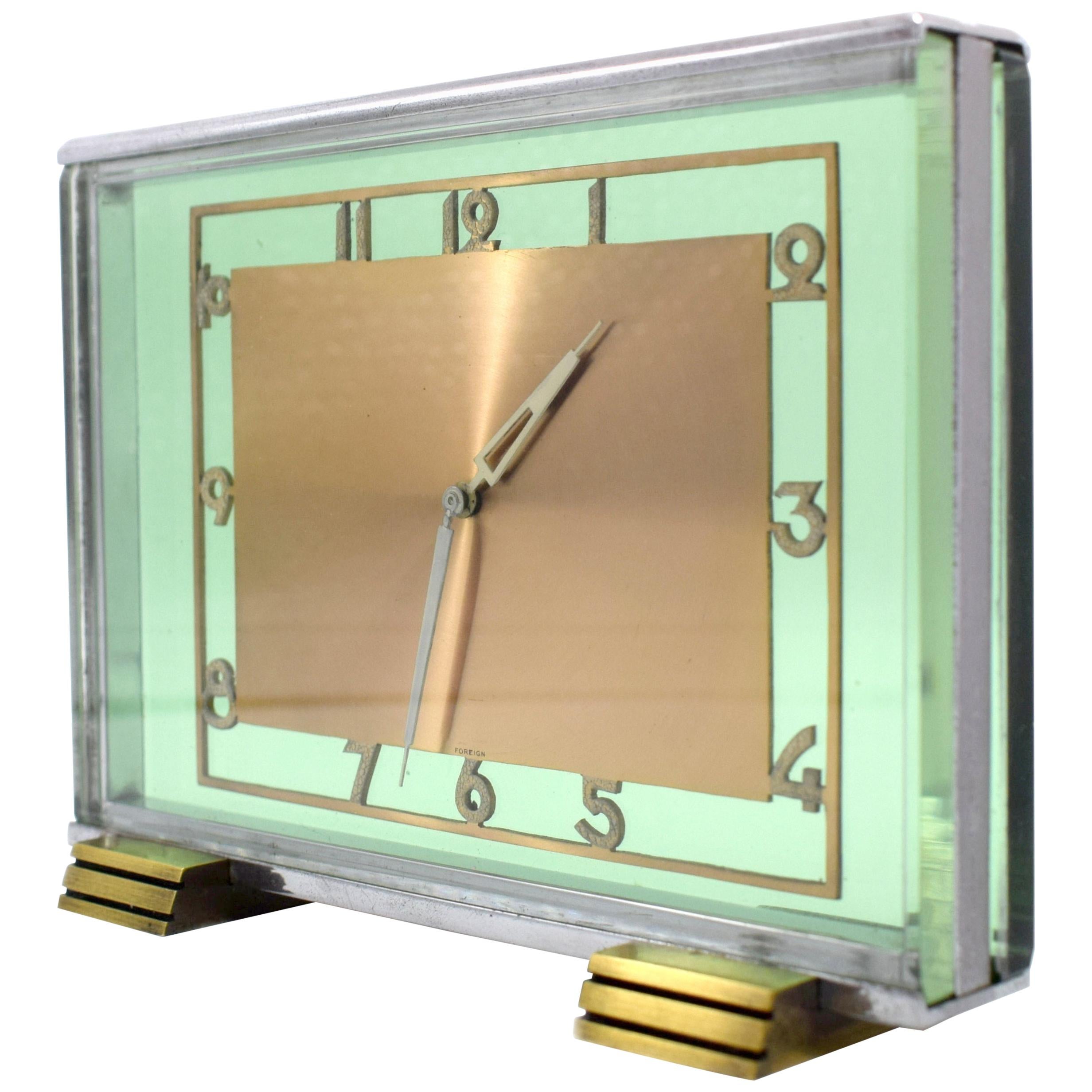 Art Deco Modernist 8 Day Green Glass Mantle Clock, circa 1930s