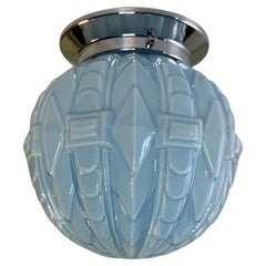 Art Deco Modernist Baby Blue Geometric Molded Glass Flush Mount or Sconce