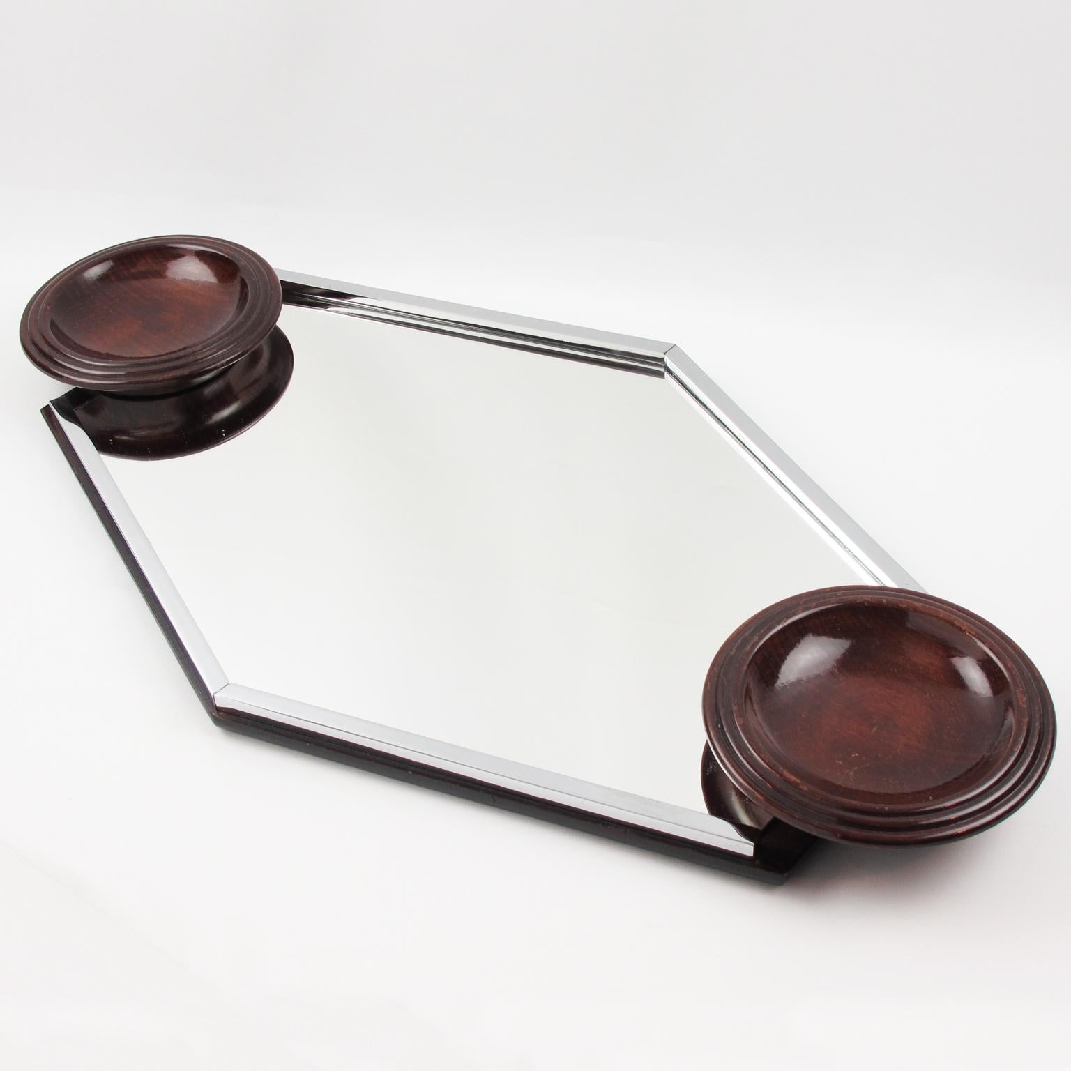 French modernist Art Deco cocktail barware tray. Large butler serving size with a geometric hexagonal shape. Build with base in wood and a chromed metal gallery with mirror insert. Handles are two large round wooden carved bowls that can also be