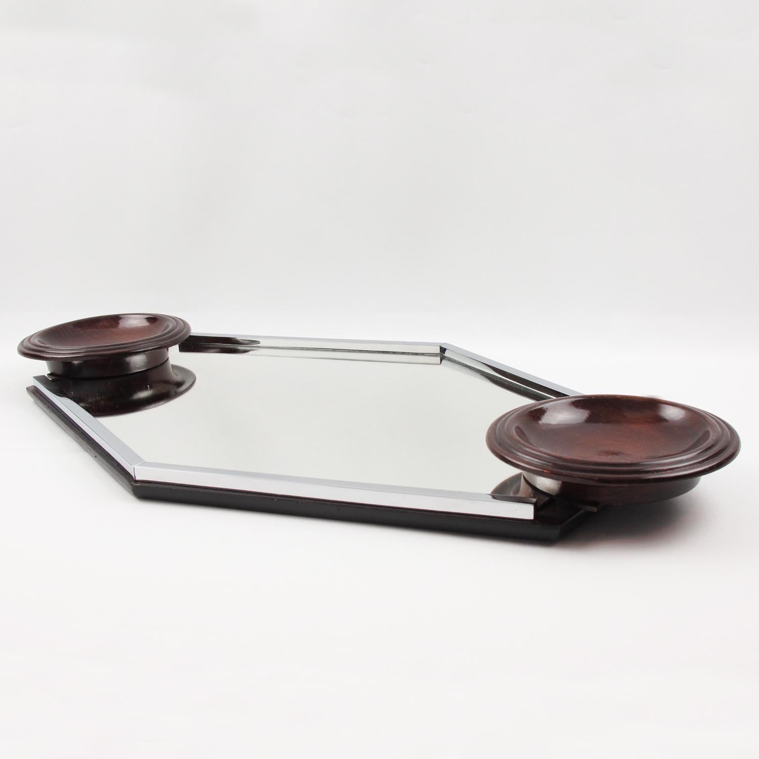 Mirror Art Deco Modernist Barware Cocktail Serving Tray Chrome Glass and Wood