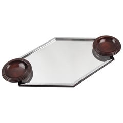 Art Deco Modernist Barware Cocktail Serving Tray Chrome Glass and Wood