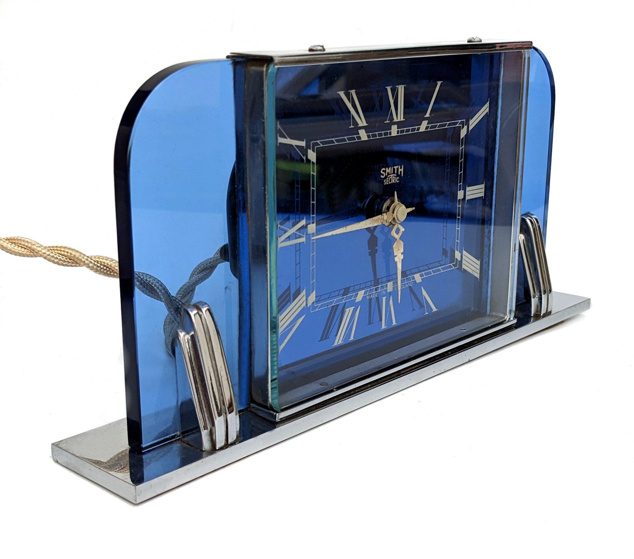 English Art Deco Modernist Blue Glass Electric Clock By Smiths Clockmakers, c1930 For Sale