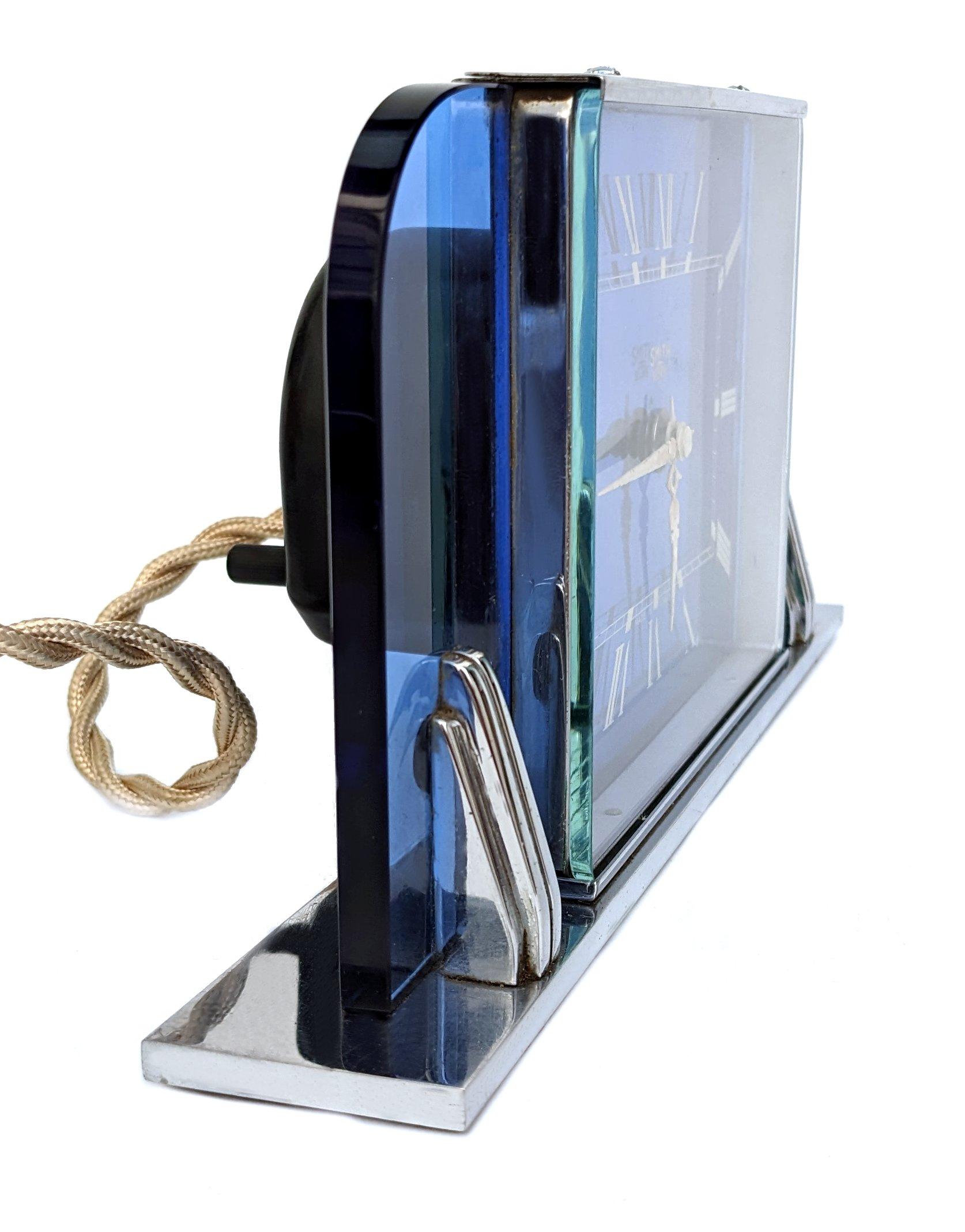 20th Century Art Deco Modernist Blue Glass Electric Clock By Smiths Clockmakers, c1930 For Sale