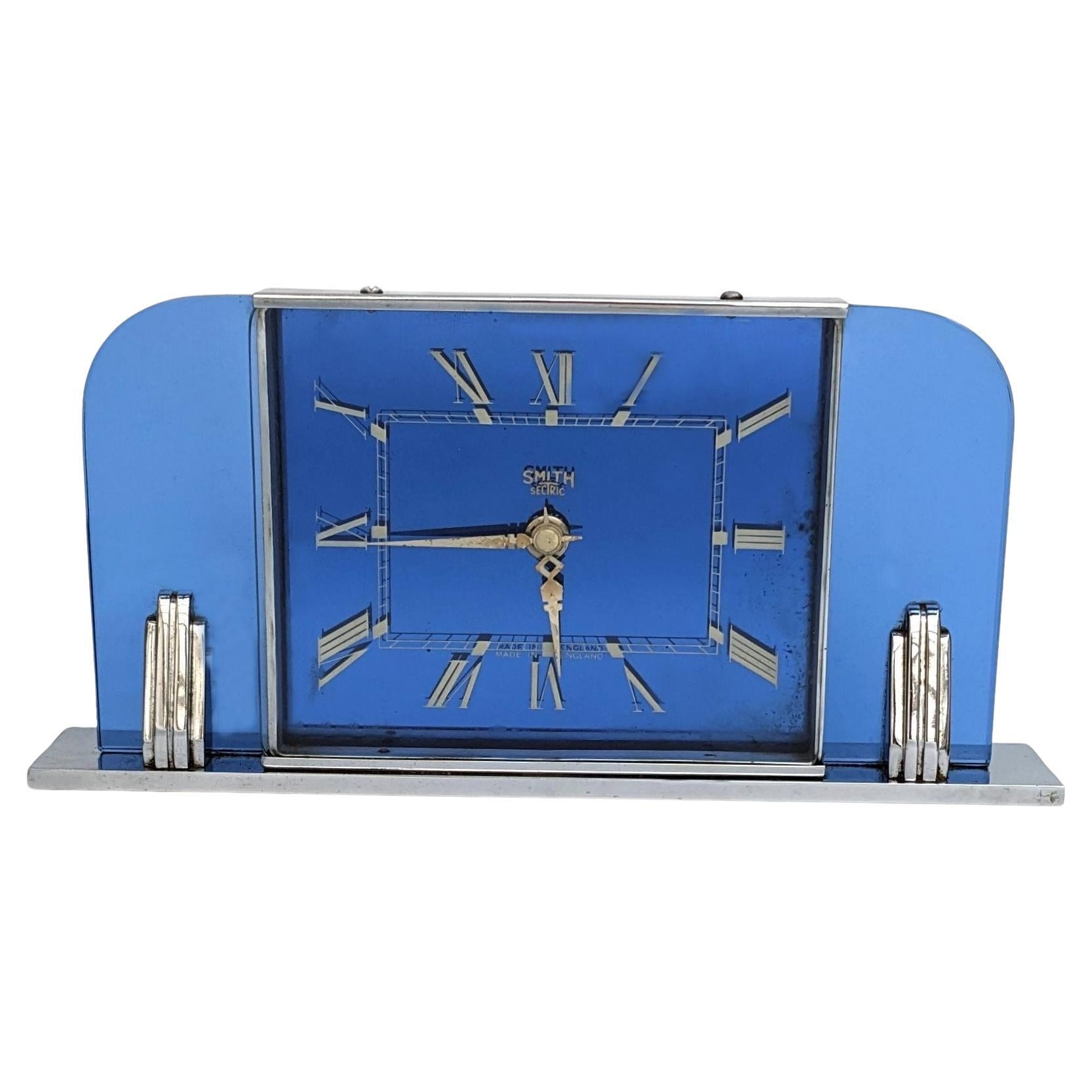 Art Deco Modernist Blue Glass Electric Clock By Smiths Clockmakers, c1930 For Sale
