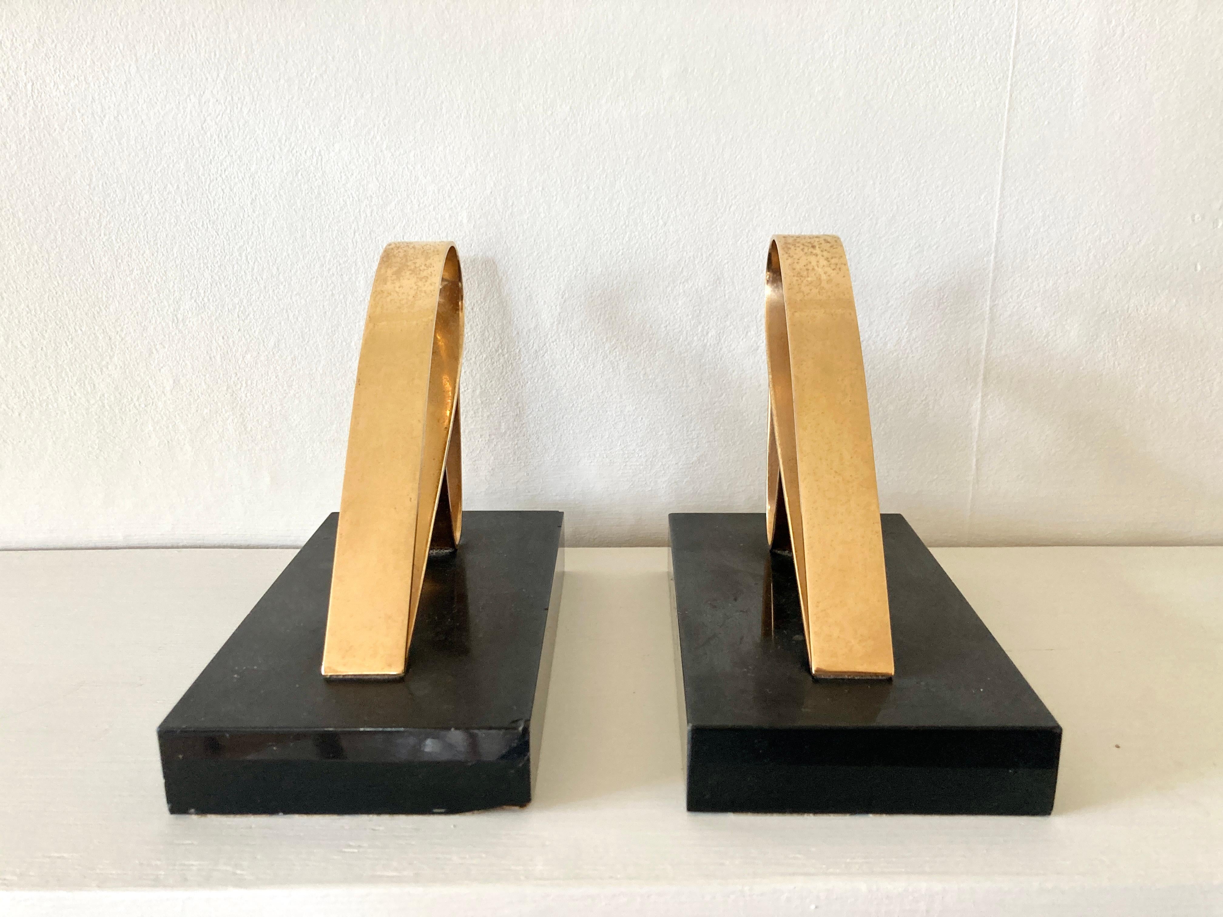 Art Deco Modernist Bookends in Marble & Gold Plate by Gold Starry, France 1