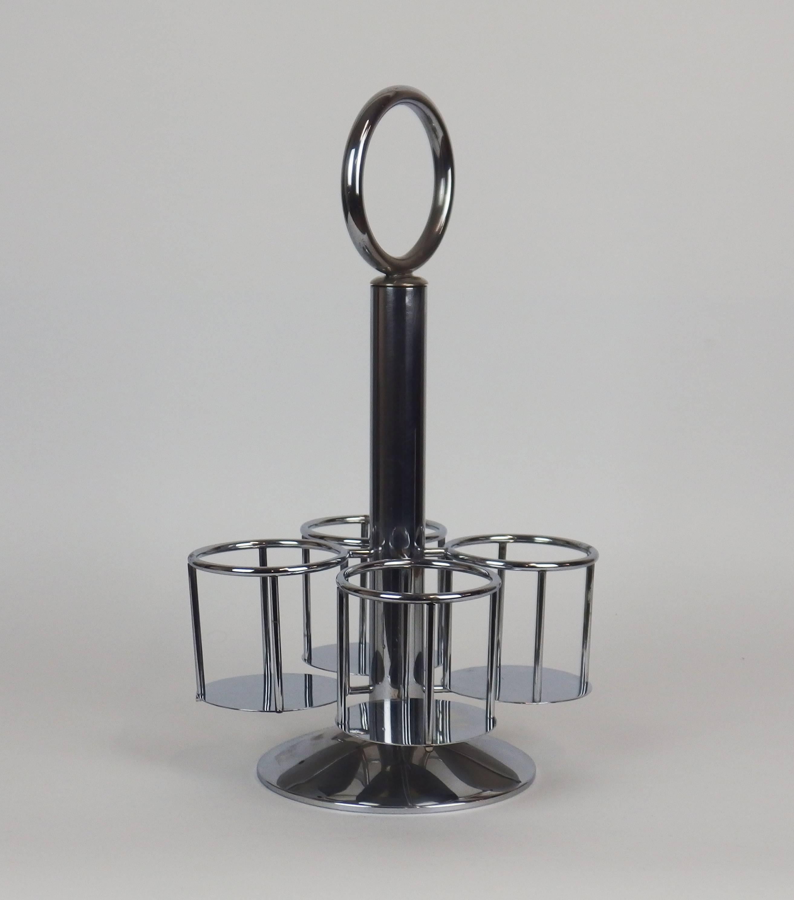 An elegant and decorative modernist chrome-plated metal bottle holder, useful to carry bottles in dining or living room.
