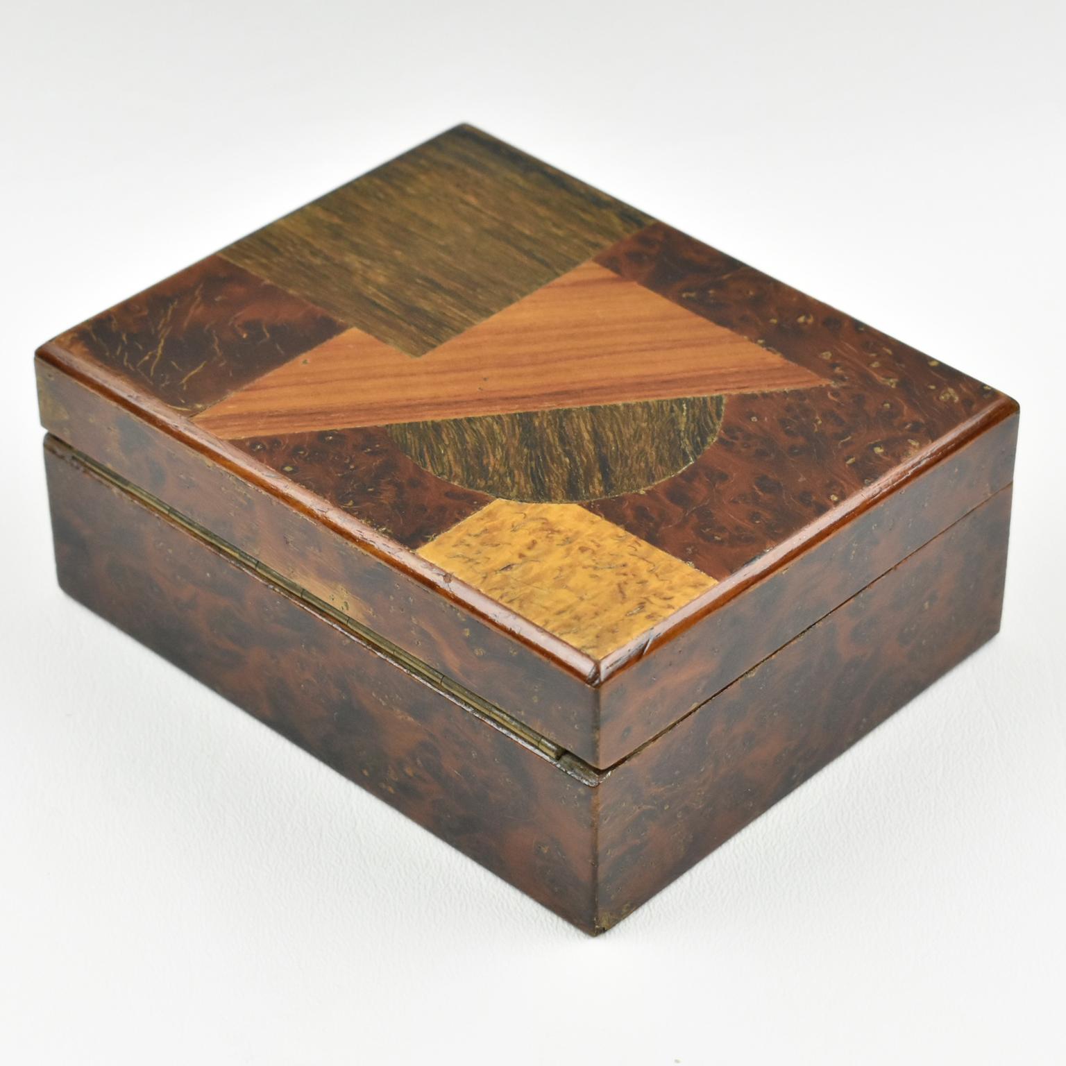 Art Deco Modernist Burl Wood Box with Wooden Marquetry In Good Condition In Atlanta, GA