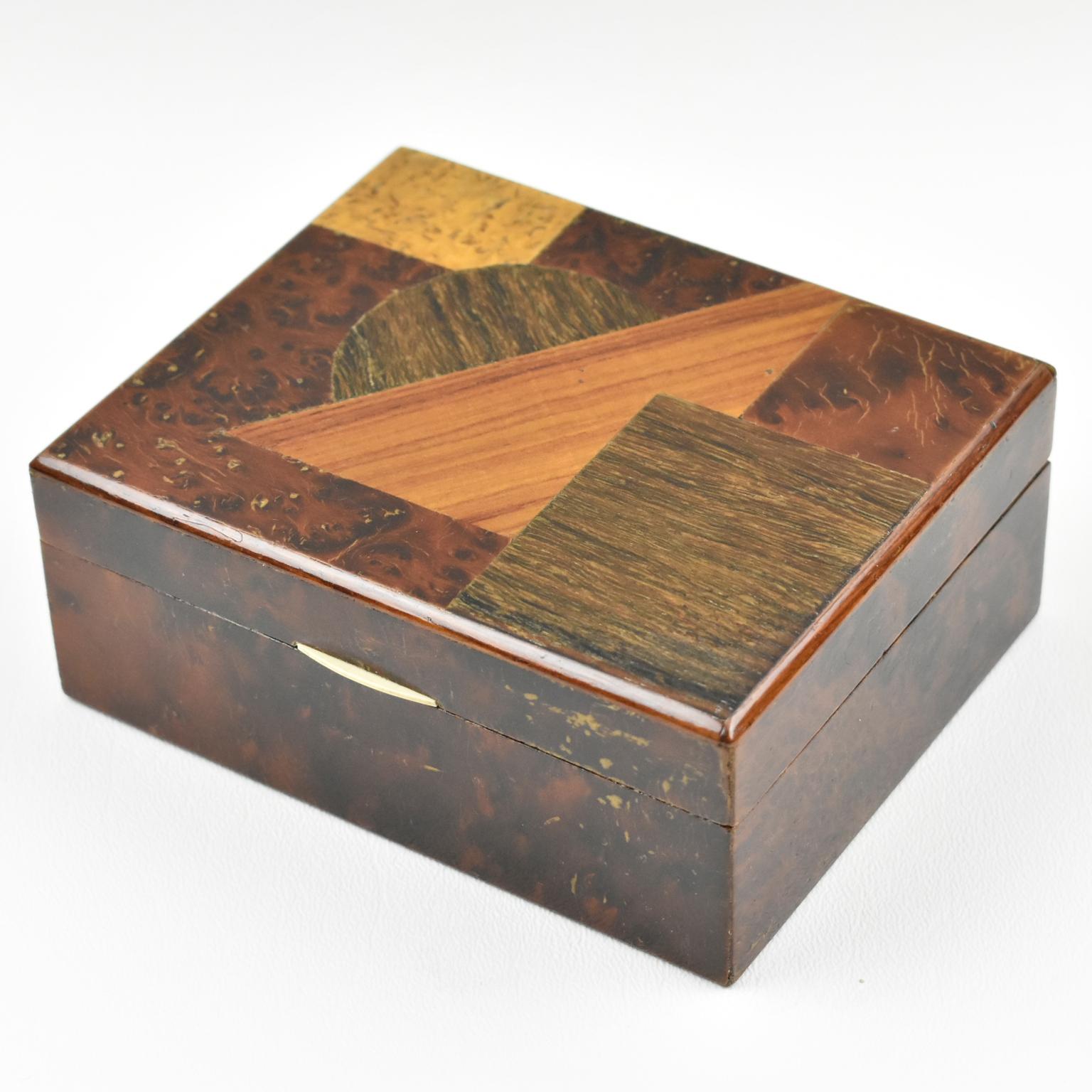 Bone Art Deco Modernist Burl Wood Box with Wooden Marquetry