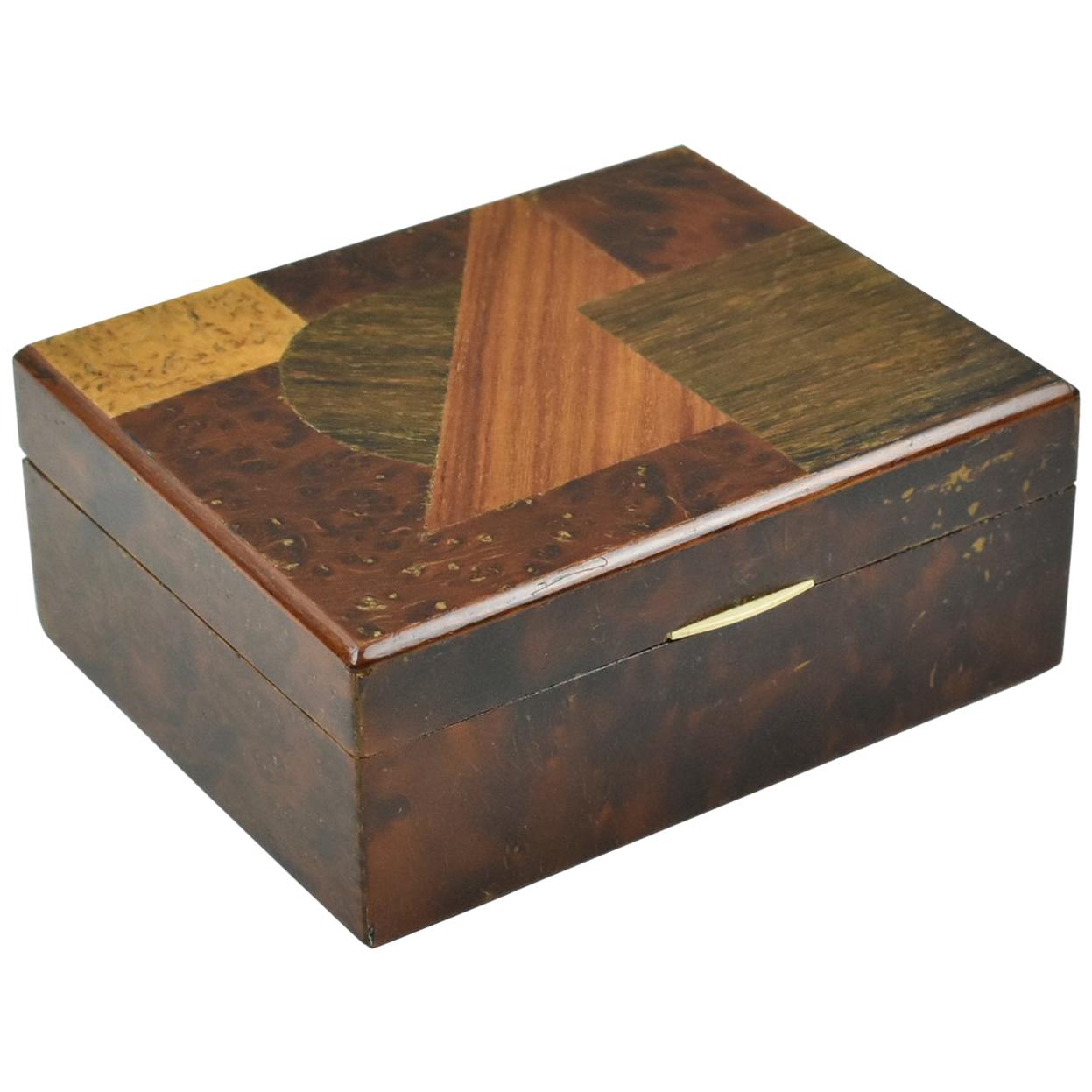 Art Deco Modernist Burl Wood Box with Wooden Marquetry