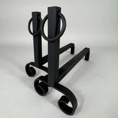 Art Deco Modernist Cast Iron Fire Dogs Andirons, France 1930s