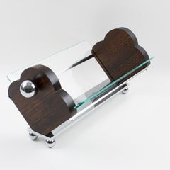 Art Deco Modernist Centerpiece Basket Bowl in Macassar Wood, Chrome and Glass