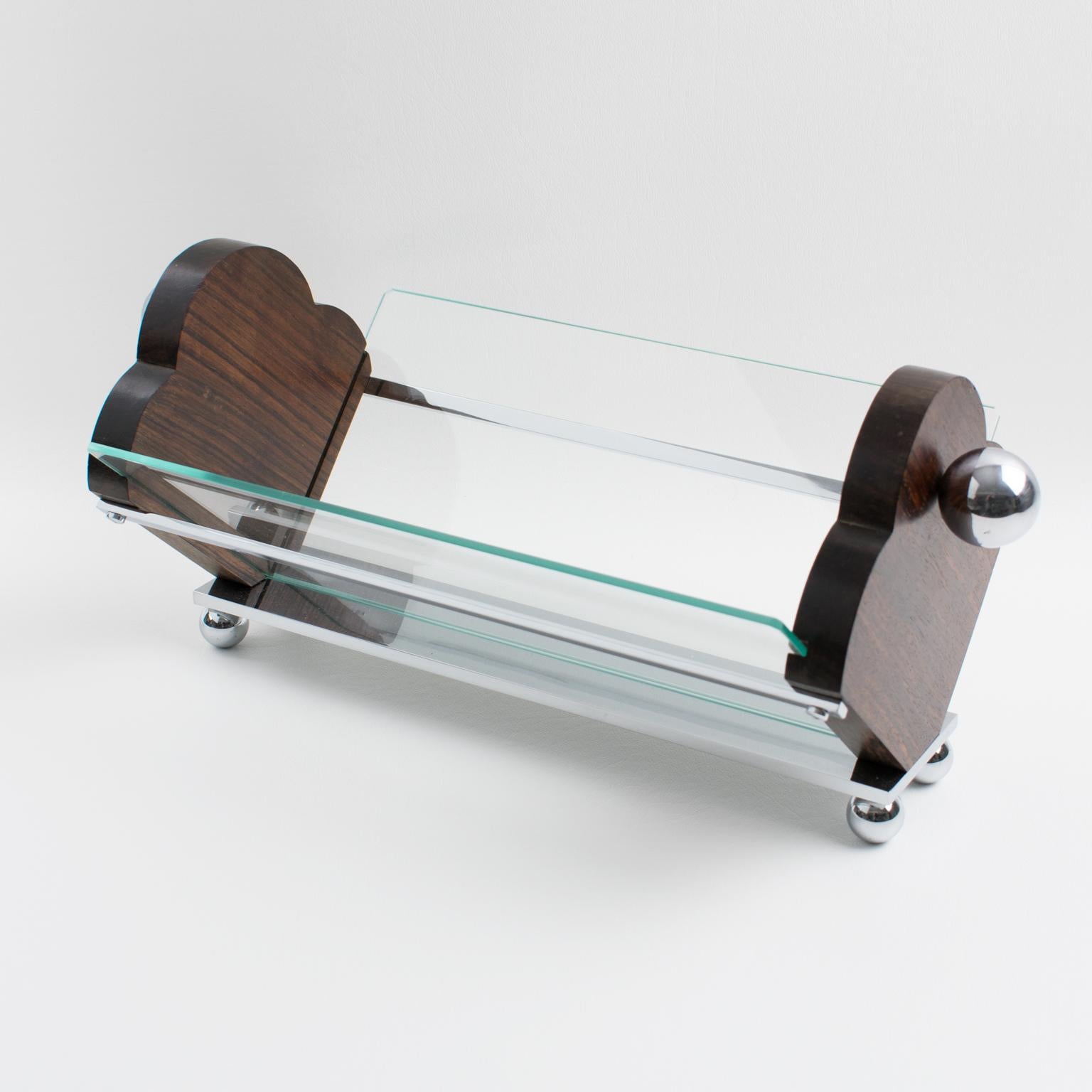 Mid-20th Century Art Deco Modernist Centerpiece Basket Bowl in Macassar Wood, Chrome and Glass For Sale