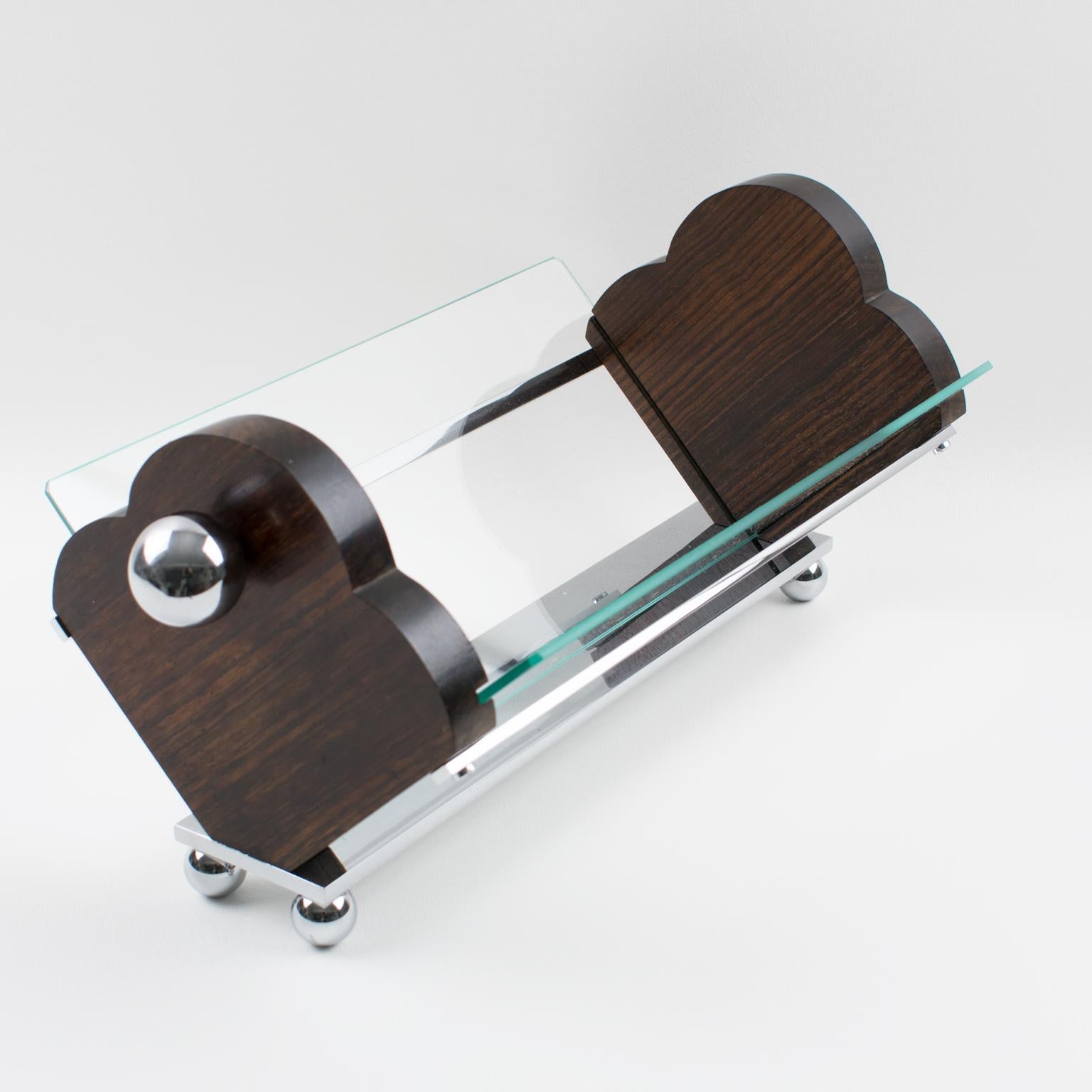 Metal Art Deco Modernist Centerpiece Basket Bowl in Macassar Wood, Chrome and Glass For Sale