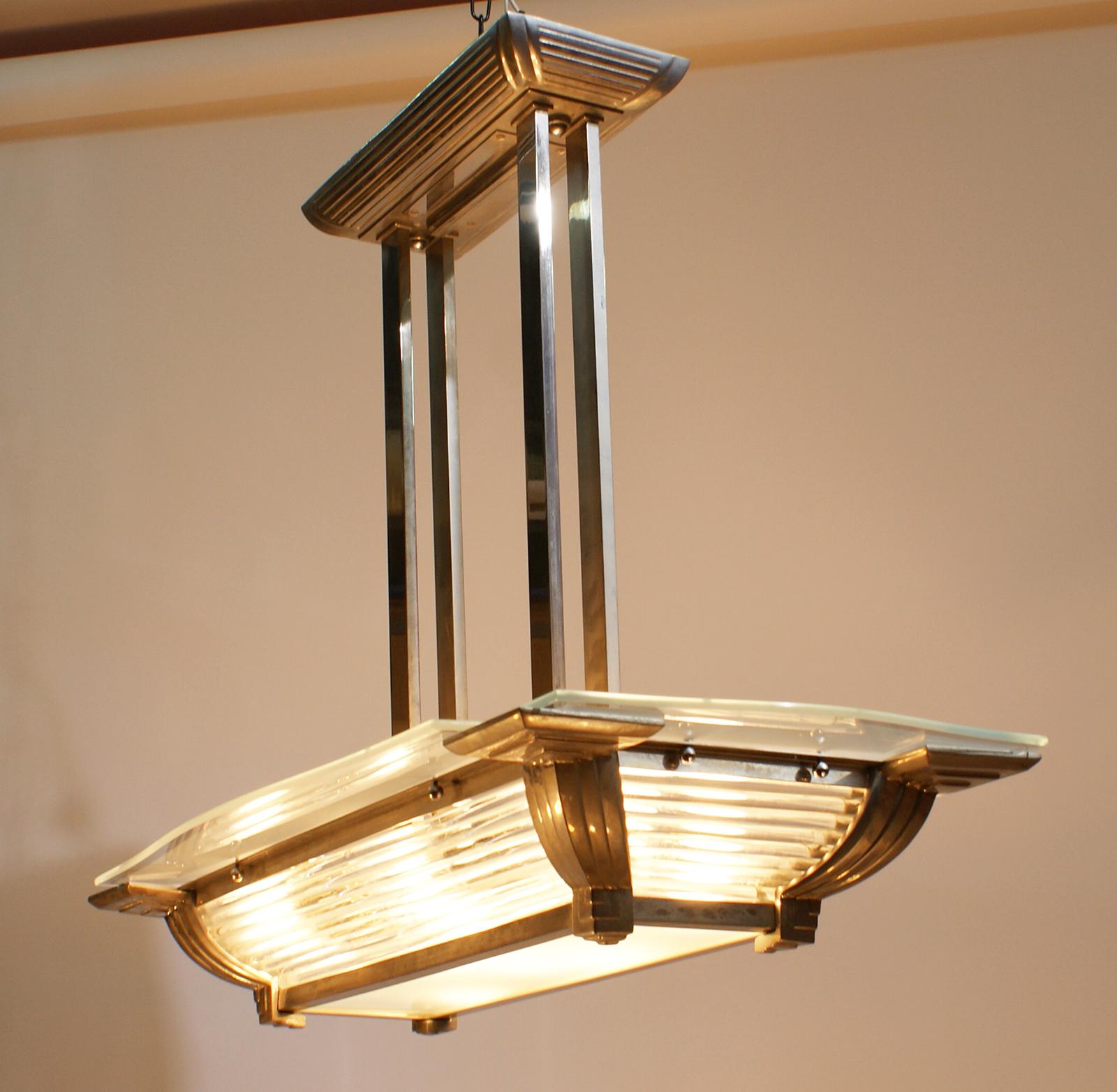 French Art Deco Modernist Chandelier in Nickel-Plated Bronze For Sale