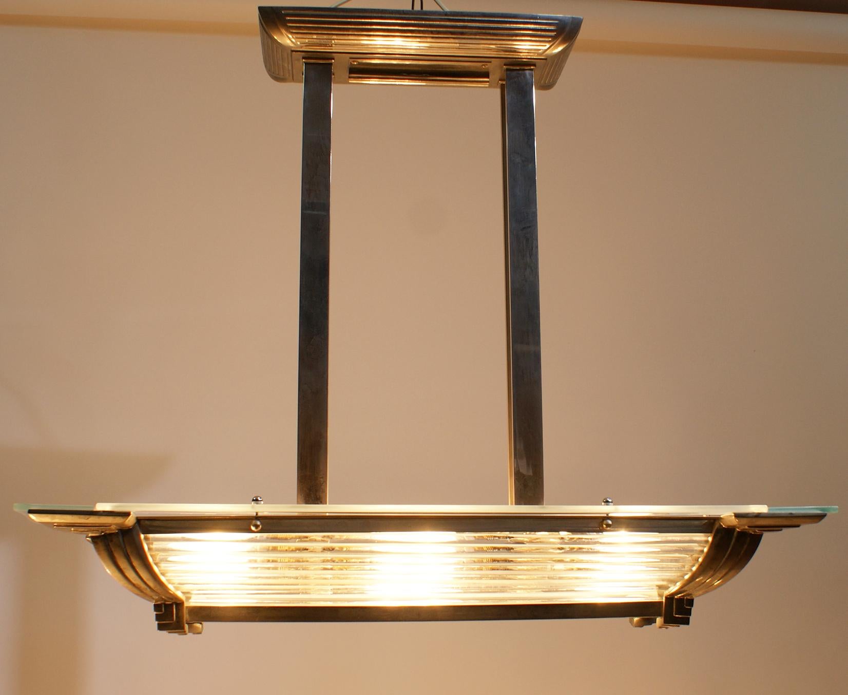 Frosted Art Deco Modernist Chandelier in Nickel-Plated Bronze For Sale