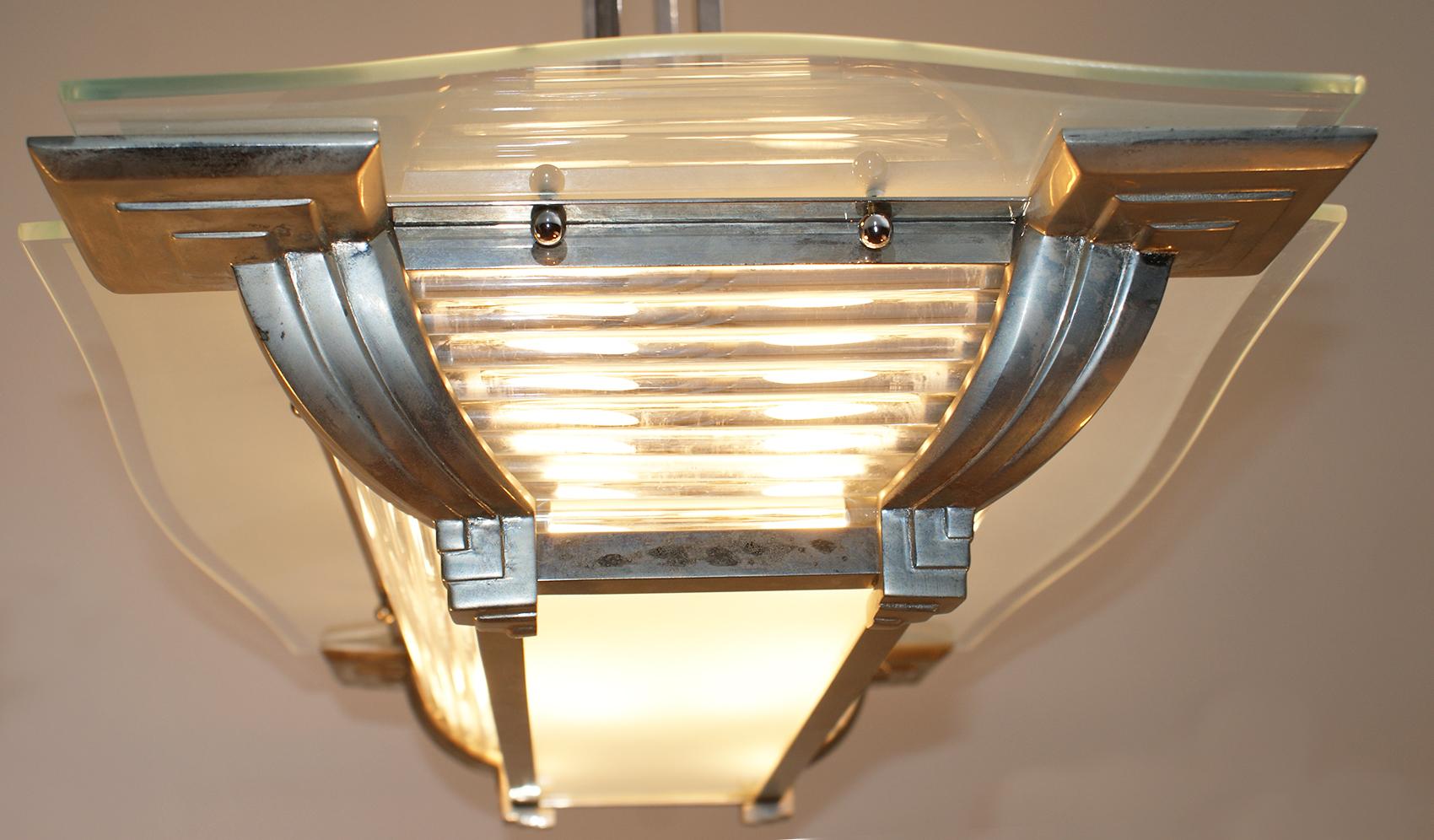 Late 20th Century Art Deco Modernist Chandelier in Nickel-Plated Bronze For Sale