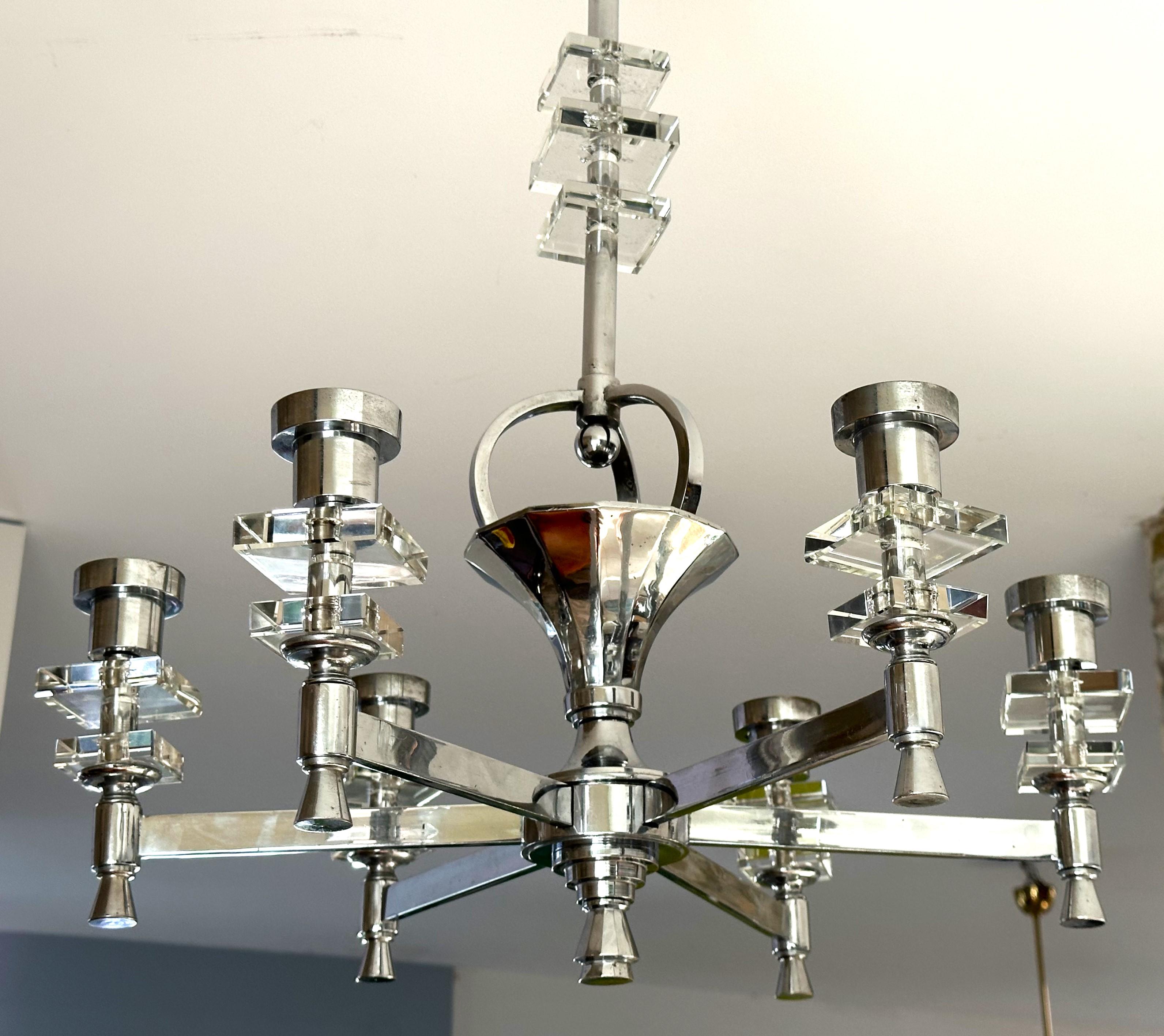 Art Deco Modernist Chandelier sytle Adnet Chrome and Glass, France 1938 For Sale 14