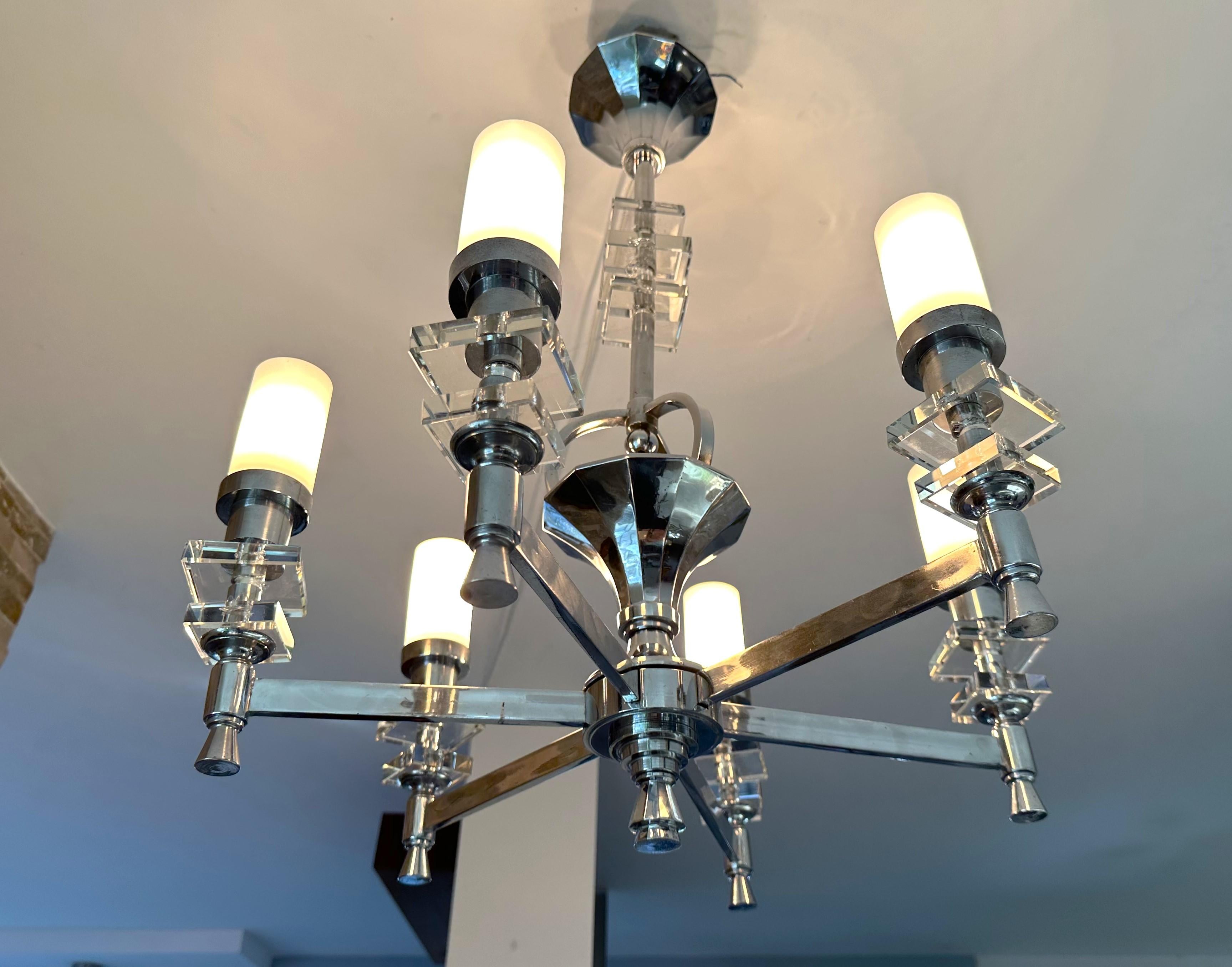 Mid-20th Century Art Deco Modernist Chandelier sytle Adnet Chrome and Glass, France 1938 For Sale