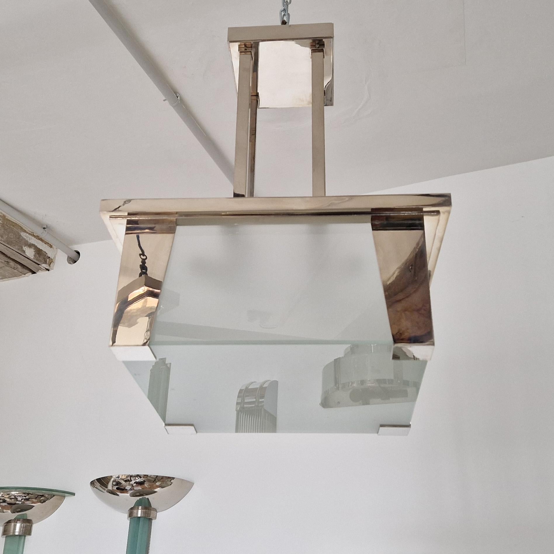 Square Art Deco Modernist chandelier with nickel finish.
All size possible.