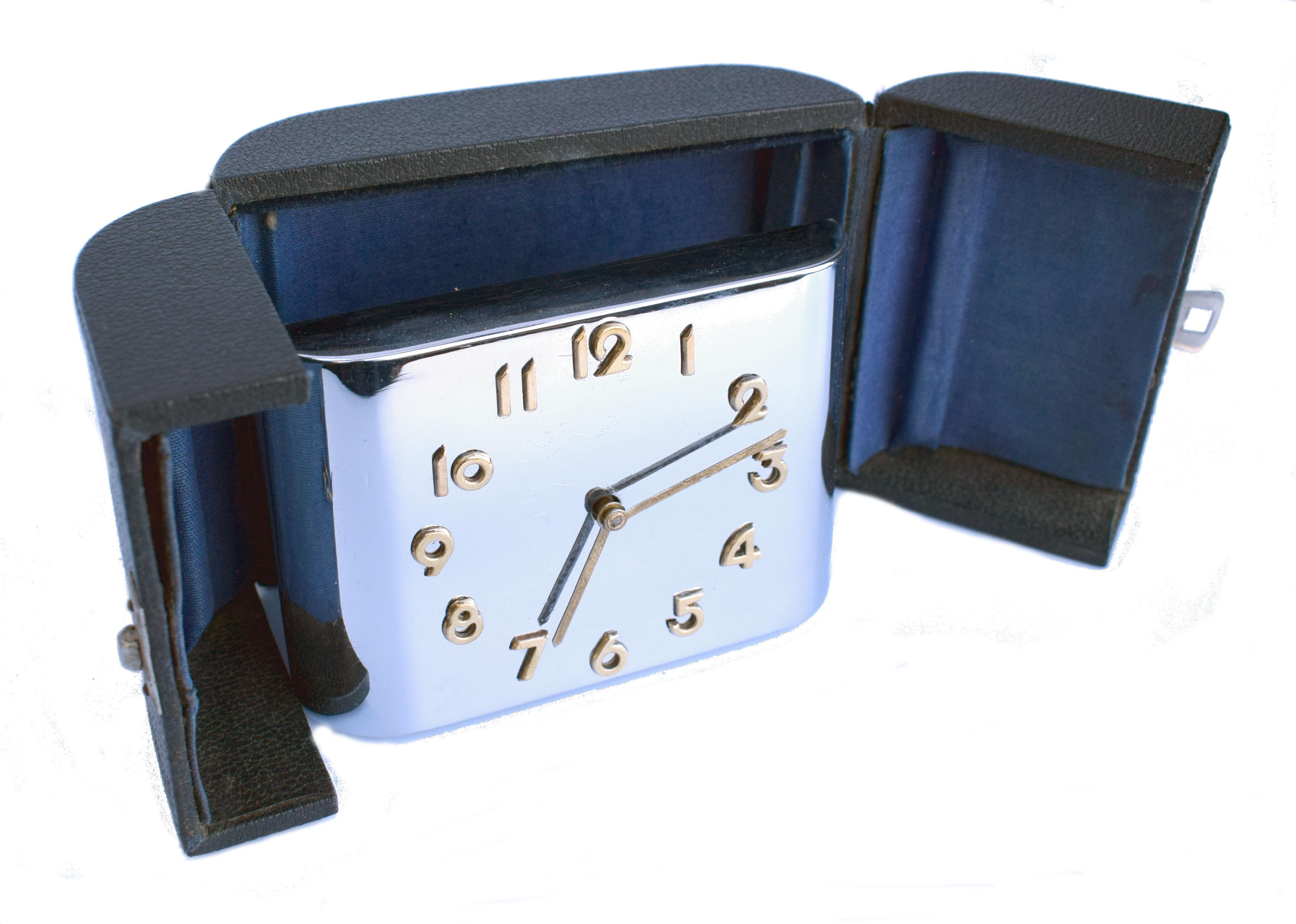 German Art Deco Modernist Chrome Travel Alarm Clock, c1930 For Sale