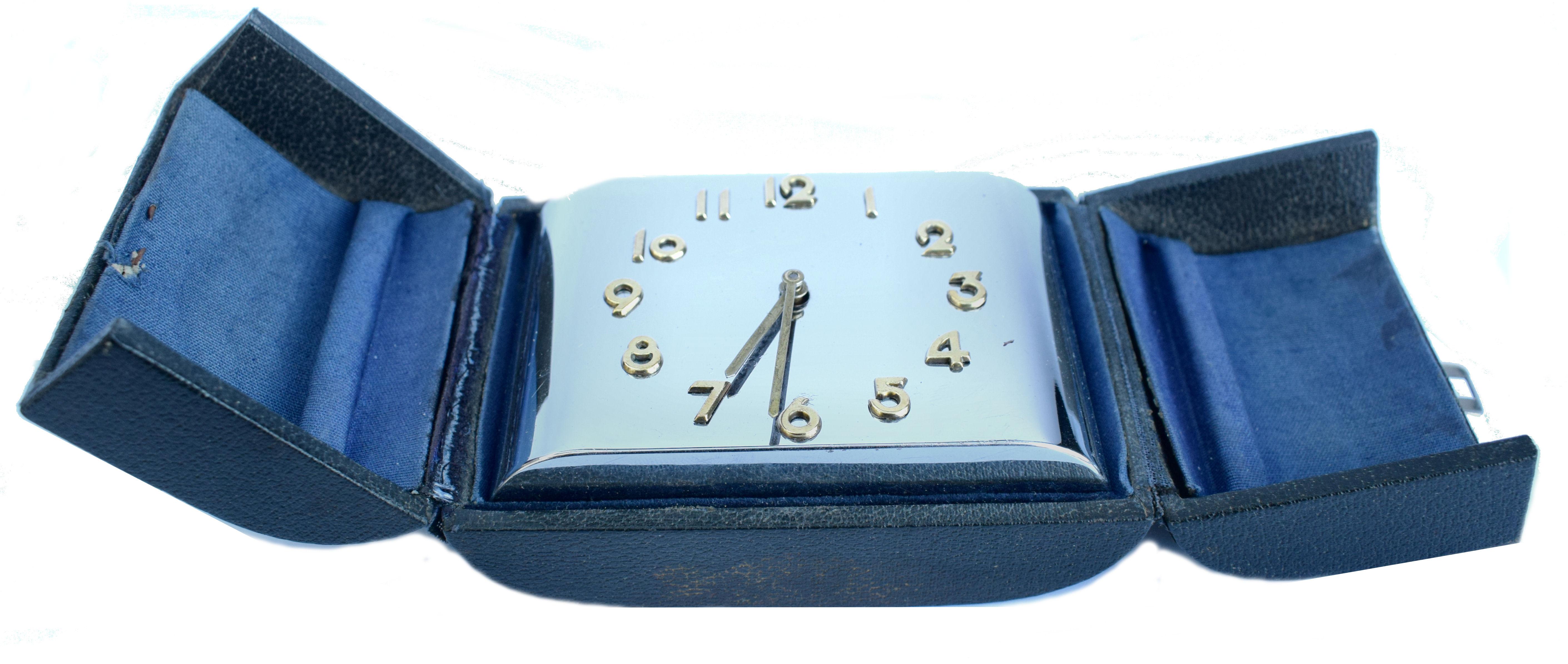 Art Deco Modernist Chrome Travel Alarm Clock, c1930 In Good Condition For Sale In Devon, England