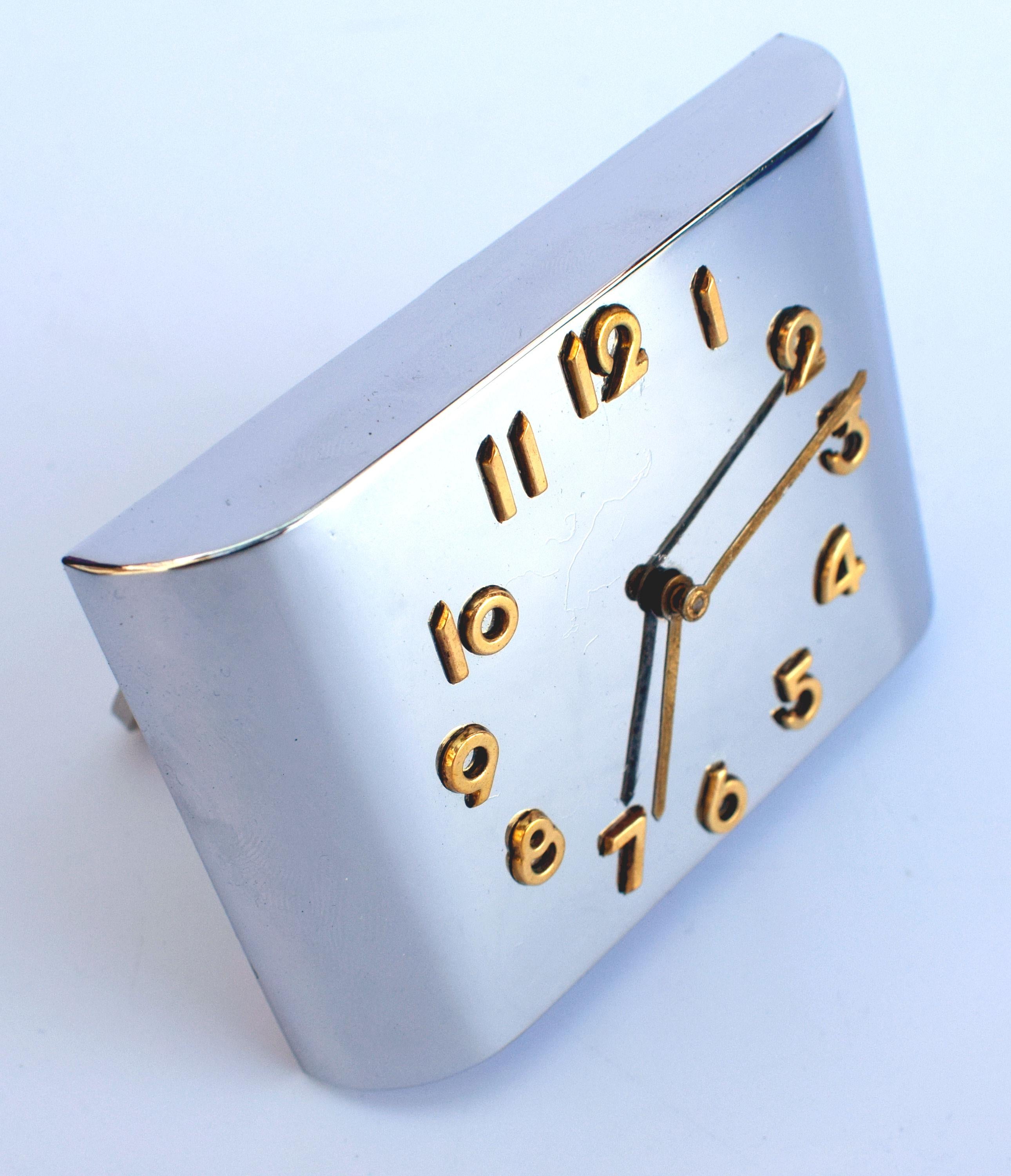 Brass Art Deco Modernist Chrome Travel Alarm Clock, c1930 For Sale